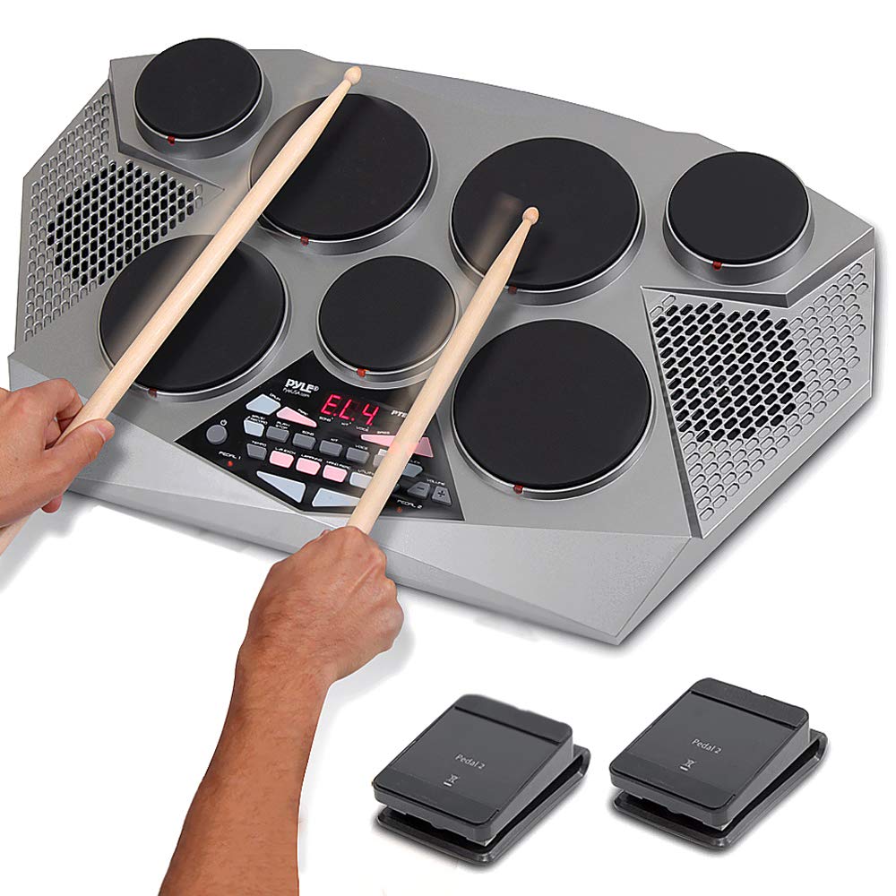 Pyle Pro Electronic Drum Kit - Portable Electric Tabletop Drum Set with 7 Drum Pads, Hi-Hat/Kick Bass Pedal, USB & AUX Input - Perfect for Home Practice, Studio Recording & Live Performances