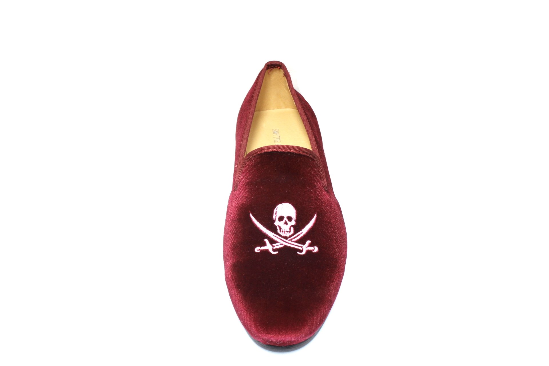 SMYTHE & DIGBY Men's Albert Slippers - Burgundy Velvet Loafers with Skull & Swords Design - Comfortable House Shoes for Indoor & Lounge Wear