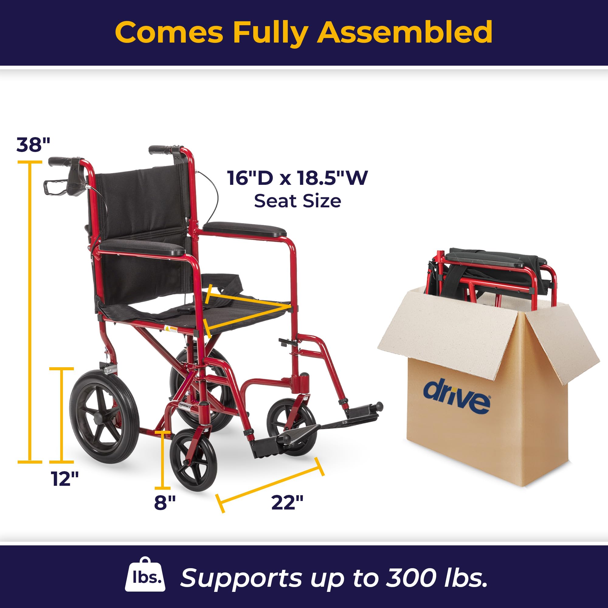 Drive Medical EXP19LTRD Lightweight Expedition Folding Transport Wheelchair with Hand Brakes - Ultra Lightweight Portable Wheelchair for Seniors & Adults - Red - Perfect for Travel, Doctor Visits & Indoor/Outdoor Mobility