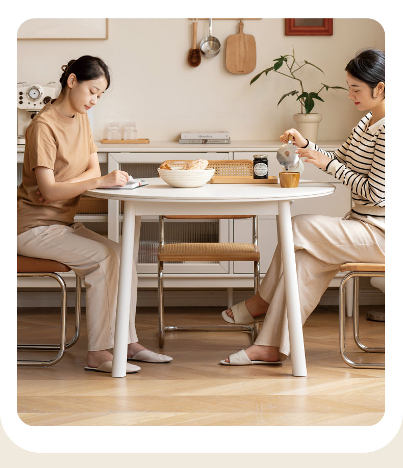 Birch Solid Wood Round Dining Table - White Cream Style Rock Board - Perfect for Modern Kitchens, Dining Rooms & Small Spaces