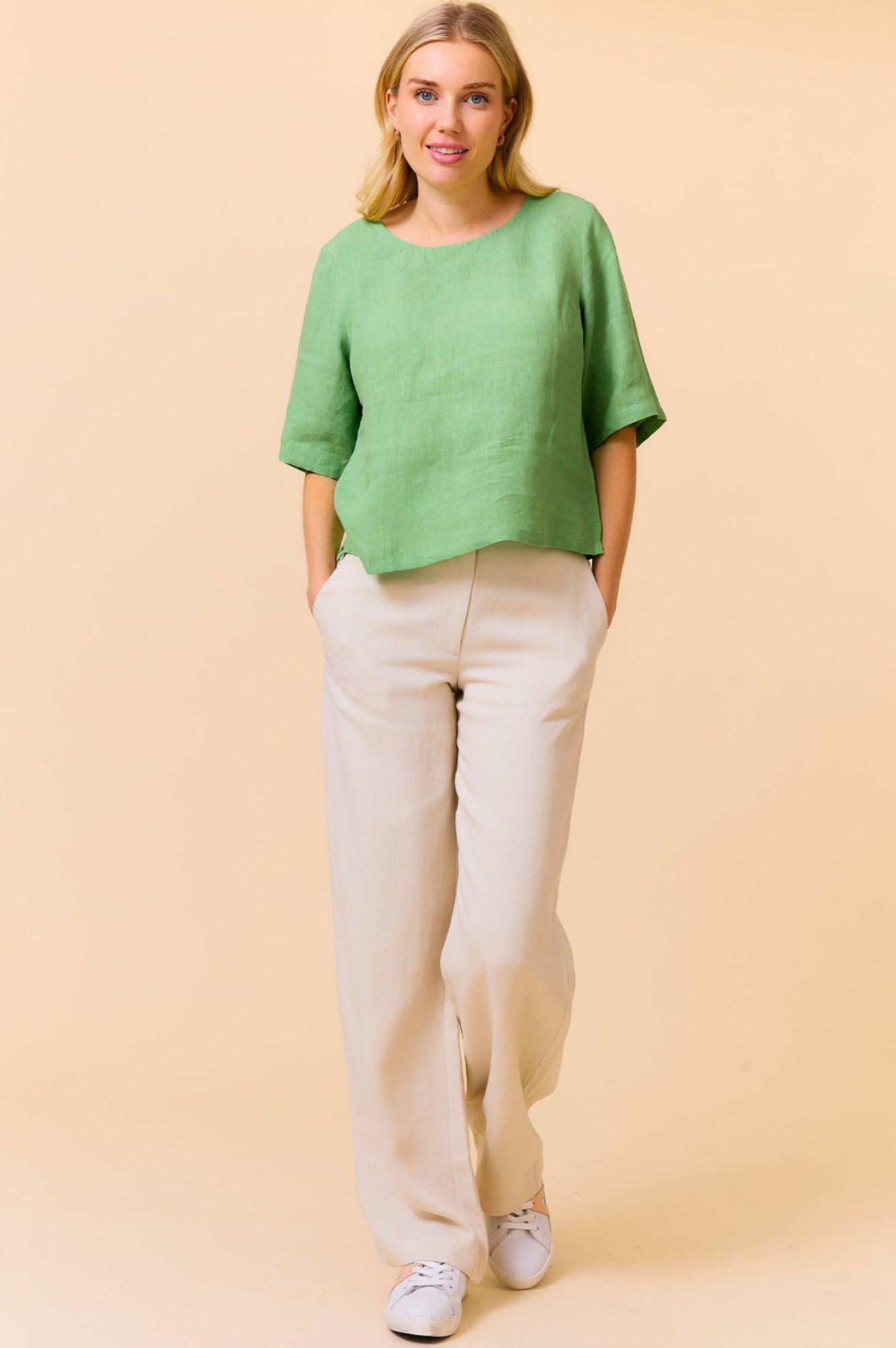 Linen Shell Top Women's Casual Short Sleeve Blouse - Leaf Green | Summer Beach Wear, Vacation Outfit, Boho Style Fashion