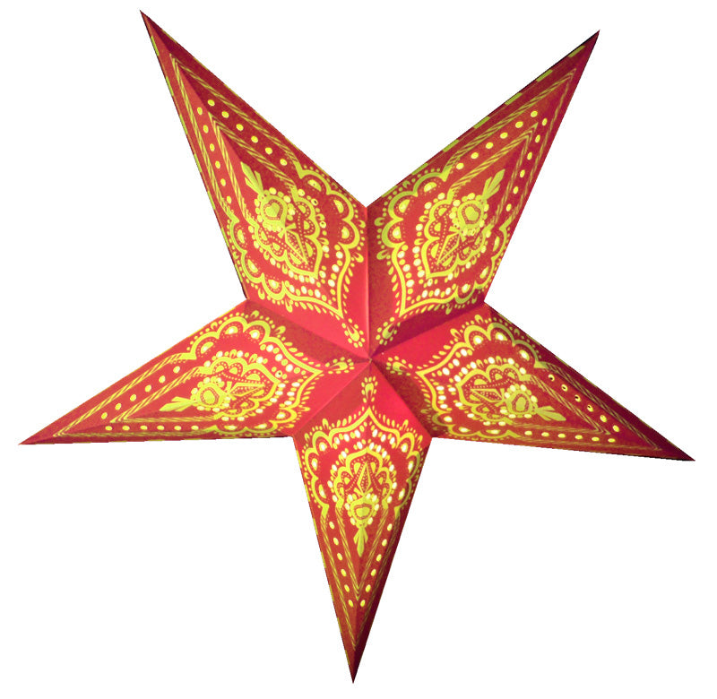 24 Pack Red on Yellow Mehandi Paper Star Lanterns - Hanging Wedding & Party Decorations for Indoor/Outdoor Events, Diwali, Christmas & Home Decor