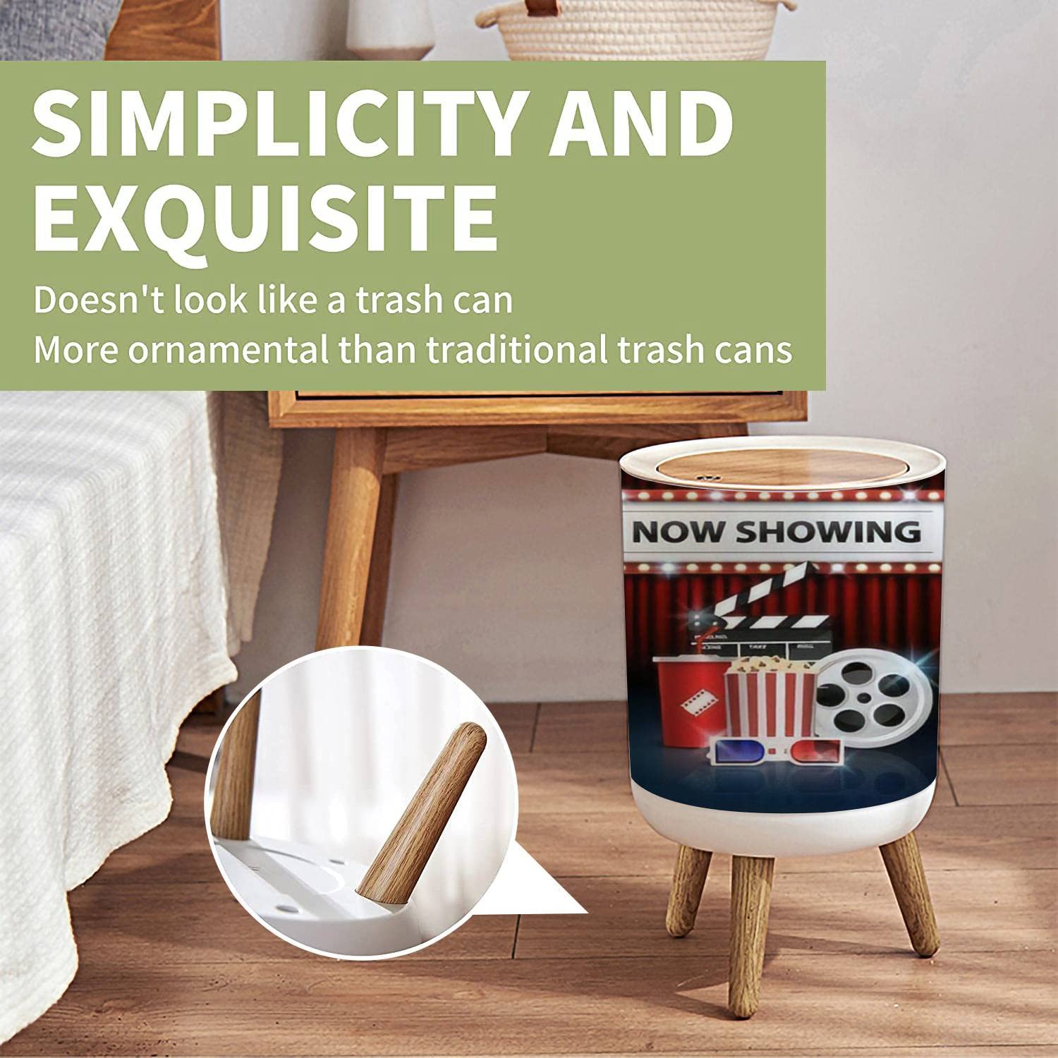 Small Trash Can with Lid - 1.8 Gallon Round Waste Bin with Press Cover, Dog Proof Garbage Bin for Kitchen, Bathroom & Living Room - Perfect for Movie Theaters, Home Cinemas and Red Curtain Decor
