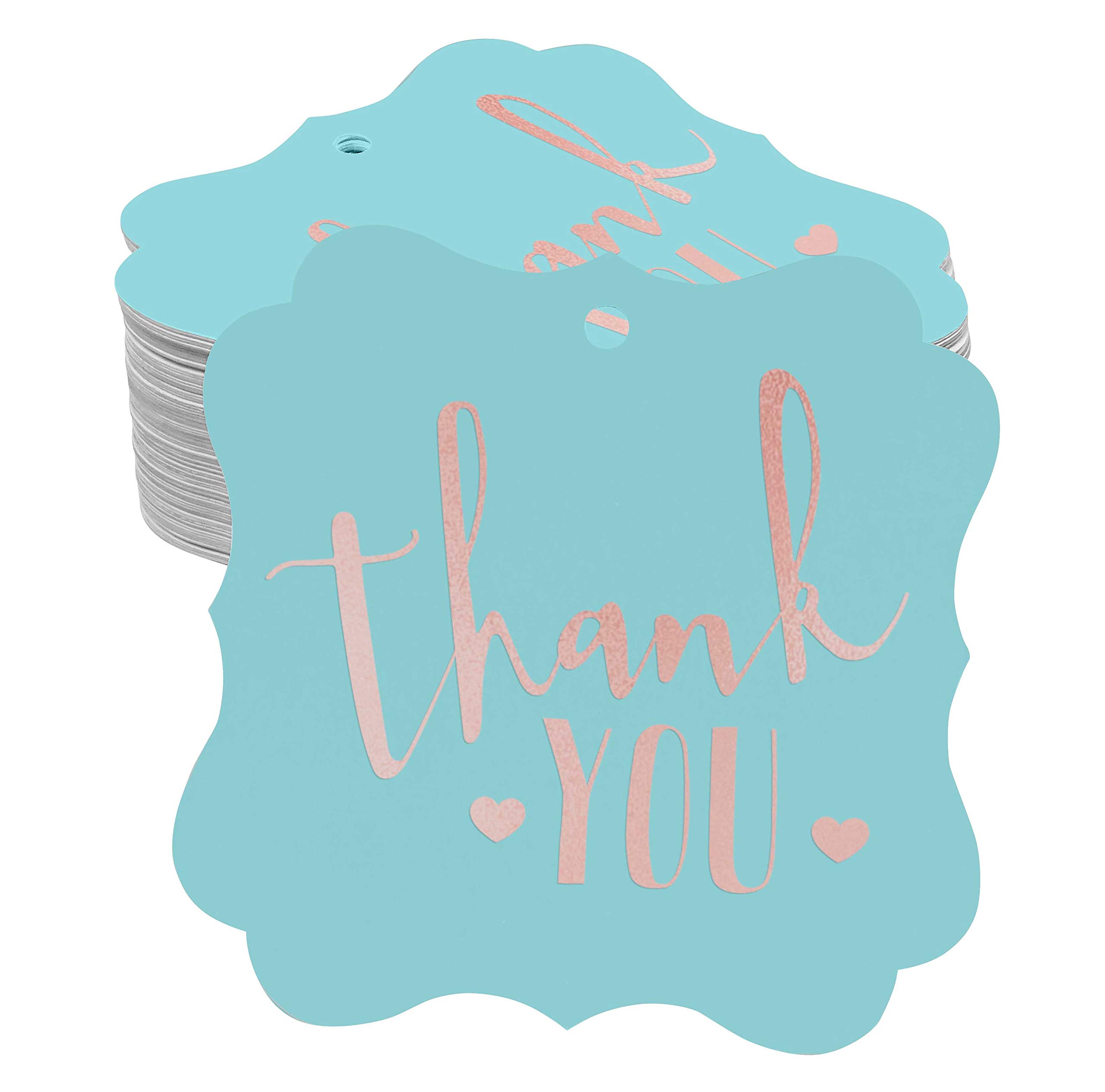 100 Pack Rose Gold Foil Thank You Tags for Bridal Showers, Baby Showers, Weddings & Birthdays - Elegant Bracket Shape Favor Tags for Party Decorations & Gift Wrapping
