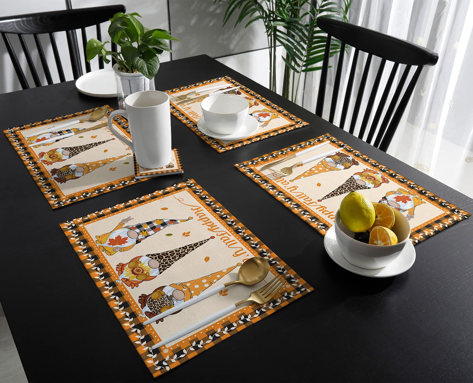 4-Pack Thanksgiving Gnome Placemats - Fall-Themed Washable Table Mats for Dining Table, Kitchen & Restaurant Decor | Christmas Party, Home Decor & Holiday Dining Accessories
