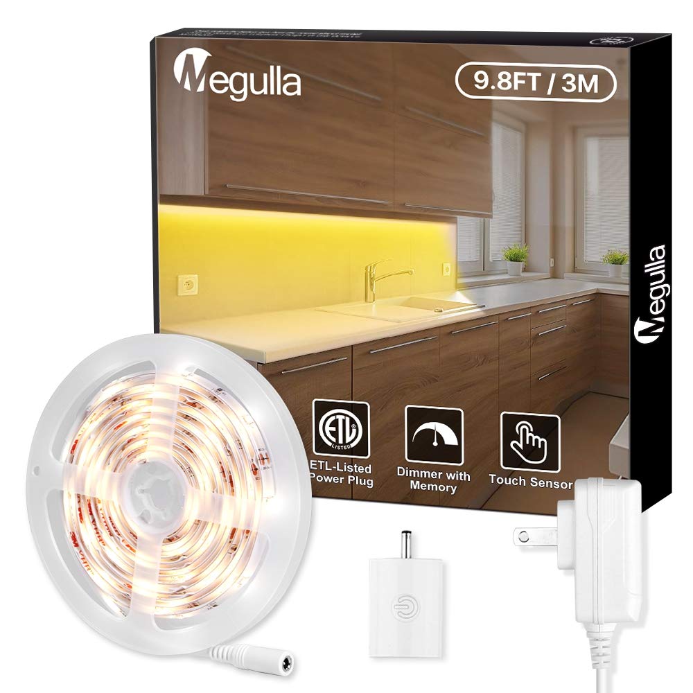 Megulla 3m/9.8ft Under Cabinet LED Strip Lights - Touch Activated Warm White 3000K with Dimmer & 12V ETL-Listed Power Supply | Perfect for Kitchen Lighting, Bedroom Headboard, Cupboard & Counter Illumination