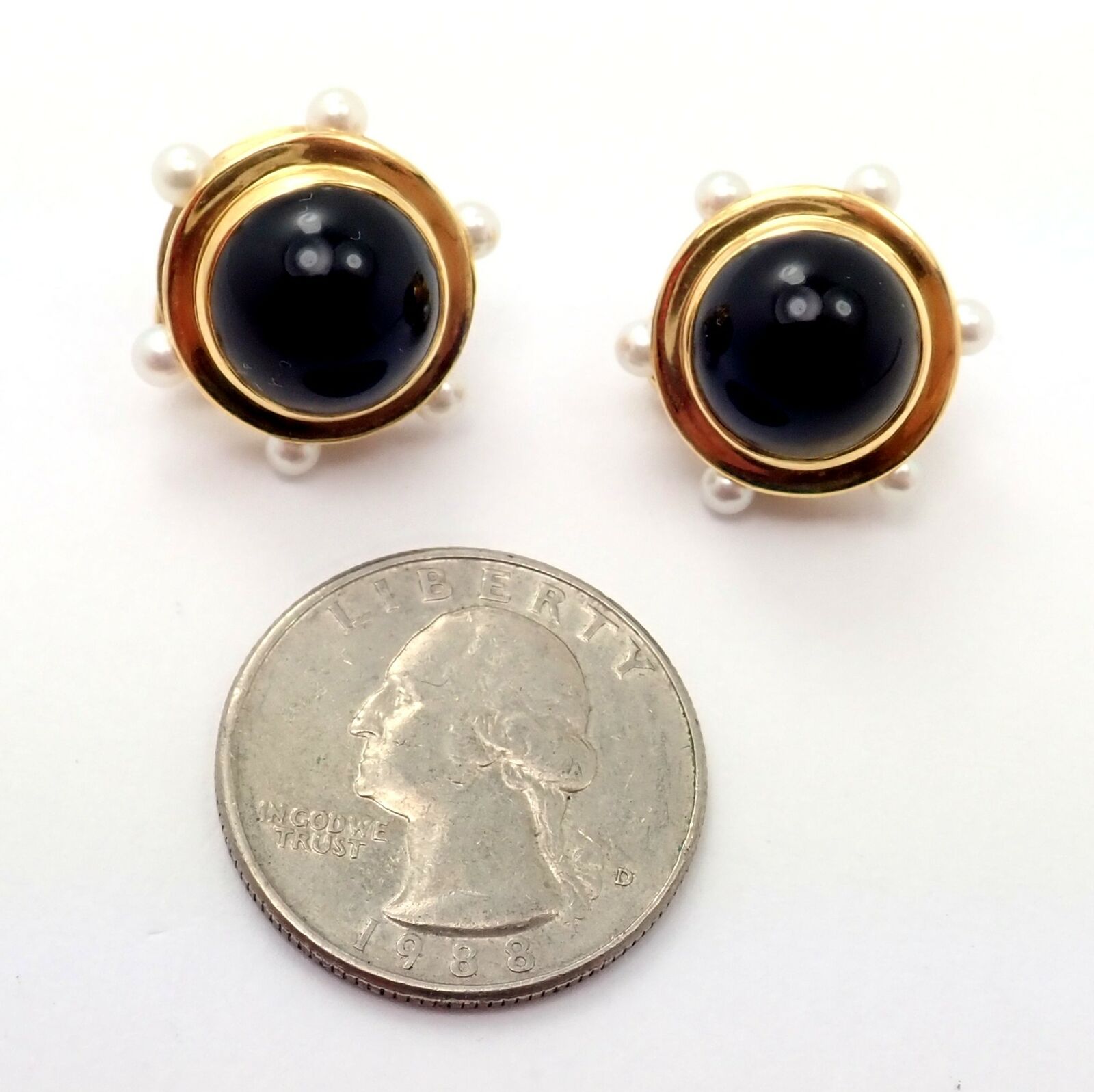 Vintage Authentic Tiffany & Co. 18k Yellow Gold Pearl & Onyx Earrings - Rare Luxury Jewelry for Women, Elegant Gift for Anniversary, Wedding & Special Occasions