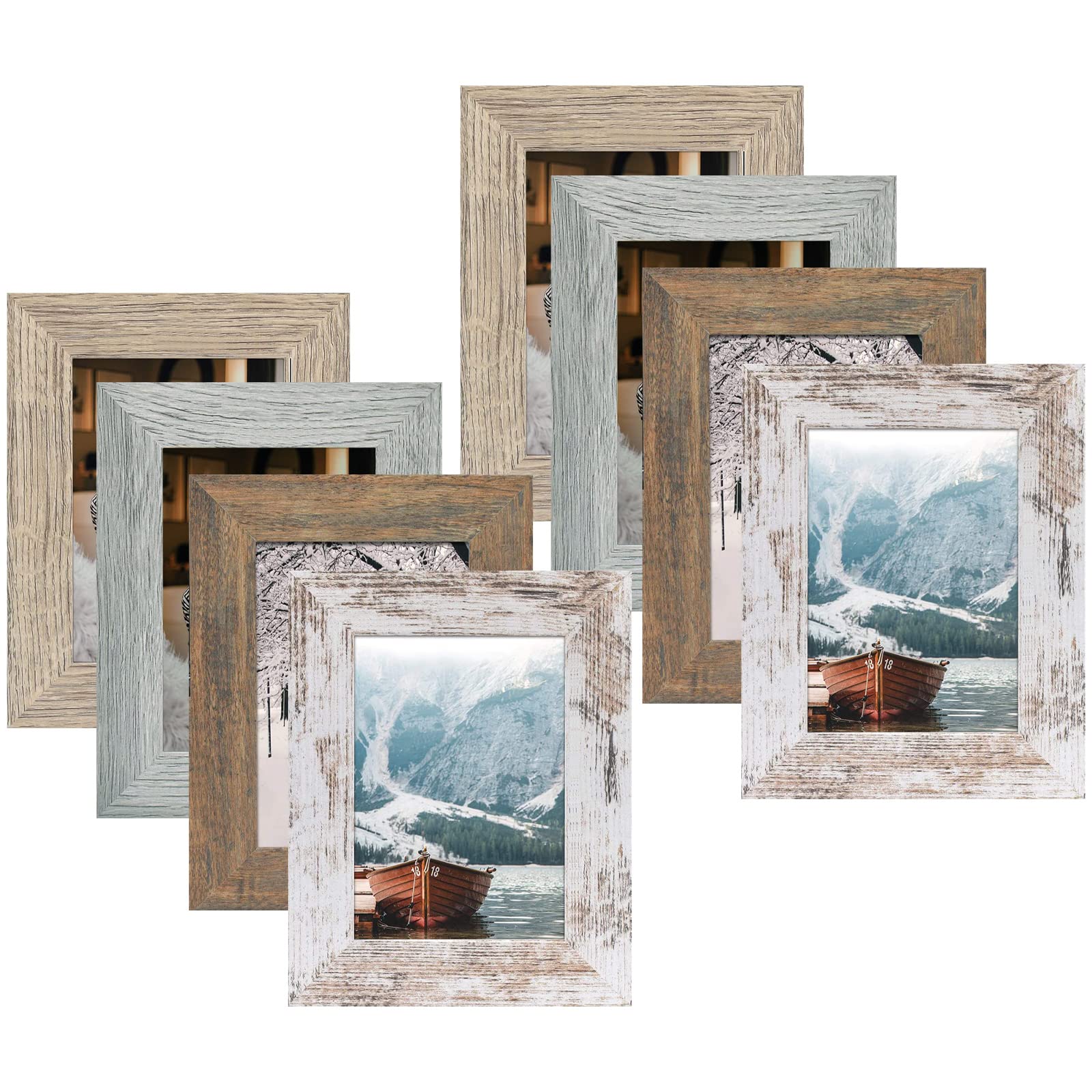 Golden State Art 5x7 Rustic Picture Frames Set of 8 - Farmhouse Style Tabletop Standing & Wall Display Photo Frames (8 Pack, Distressed Wood, Multicolor) - Perfect for Mother's Day Gifts, Home Decor, Living Room, Bedroom & Office Display