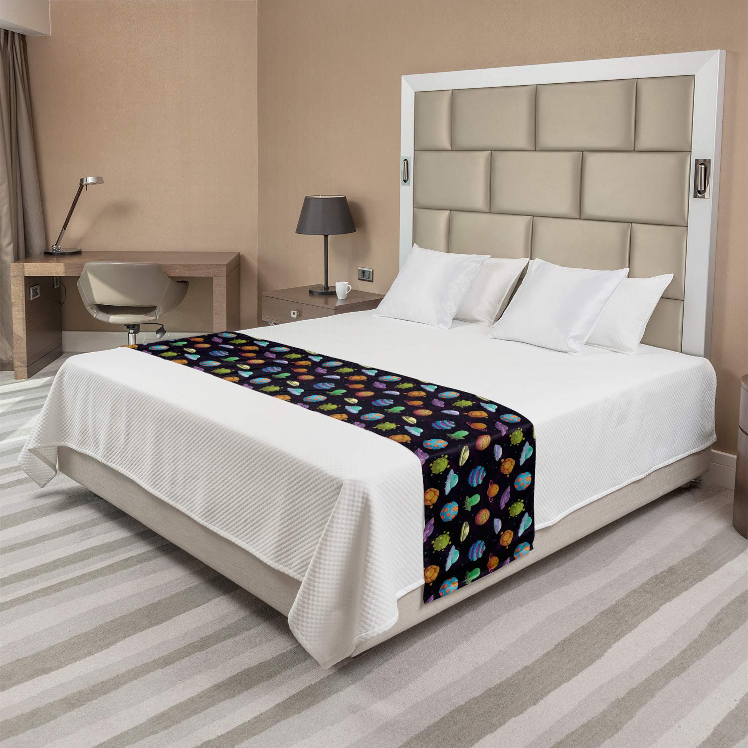Ambesonne Space Themed Bed Runner - UFOs, Planets & Sci-Fi Design for Home Decor | Decorative Bed Scarf for Hotels, Guest Rooms & Bedrooms | Perfect for Space Enthusiasts & Sci-Fi Lovers