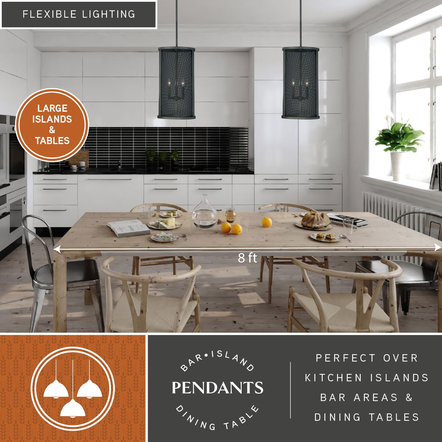 VAXCEL Wicker Park 3-Light Black Industrial Candle Cylinder Pendant Light Fixture - Perfect for Kitchen Island, Dining Room, and Farmhouse Decor