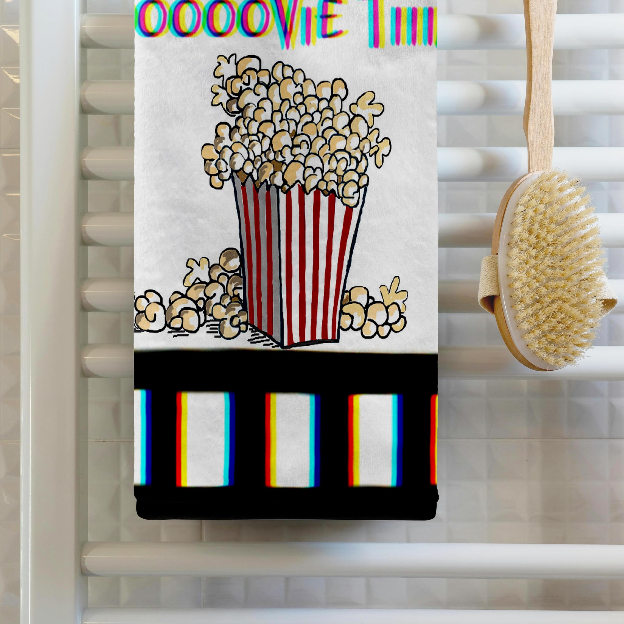3dRose 15x22 Inch Movie-Themed Hand Towel - Popcorn Box with Film Strips & Text Art - Perfect for Cinema Lovers, Home Theater Decor & Gift Ideas