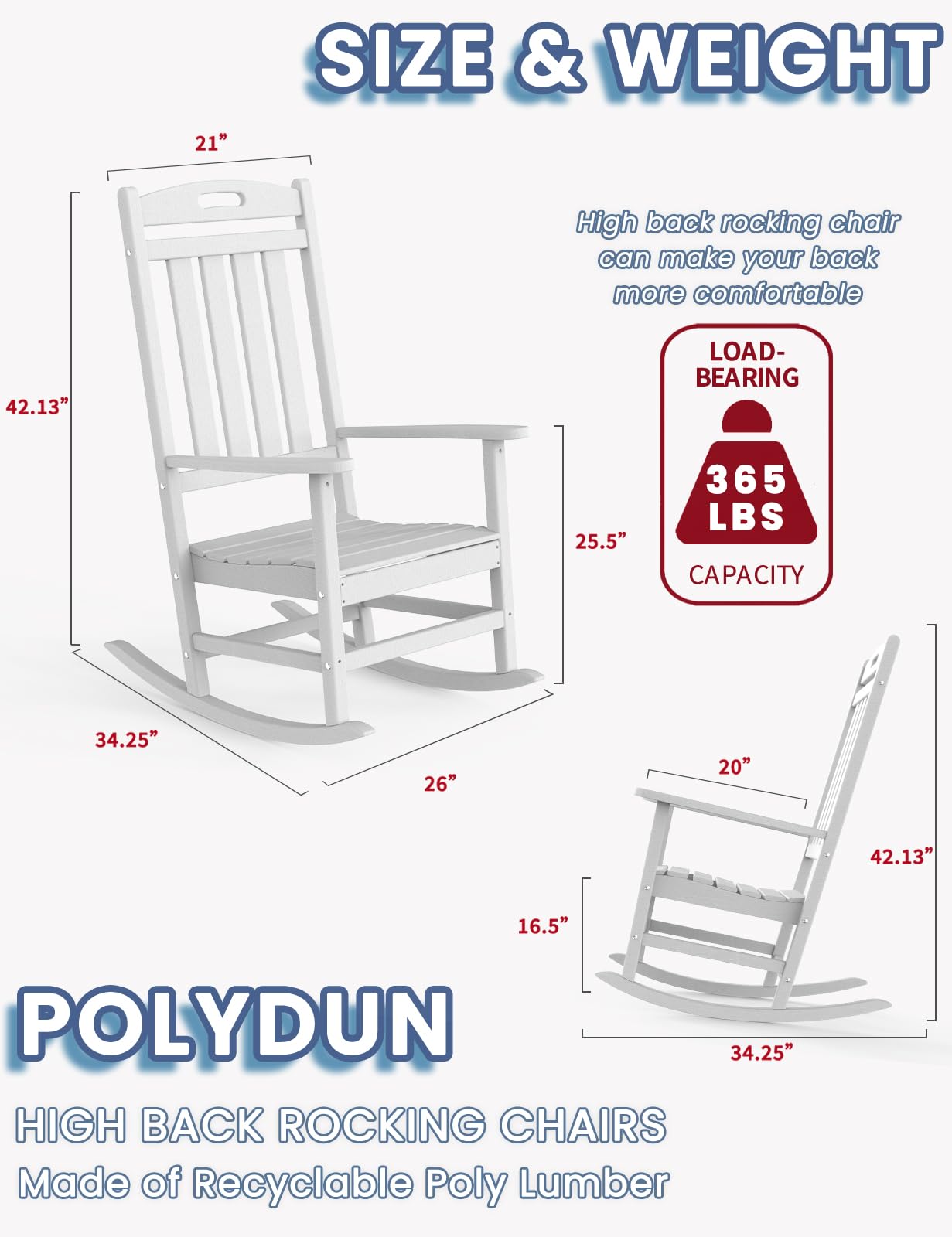 Premium HDPE Outdoor Rocking Chair - All-Weather High Back Patio Rocker for Deck, Porch, Backyard & Garden - Durable White Lawn Chair for Relaxing Indoors & Outdoors - Perfect for Reading, Sunbathing & Enjoying Nature
