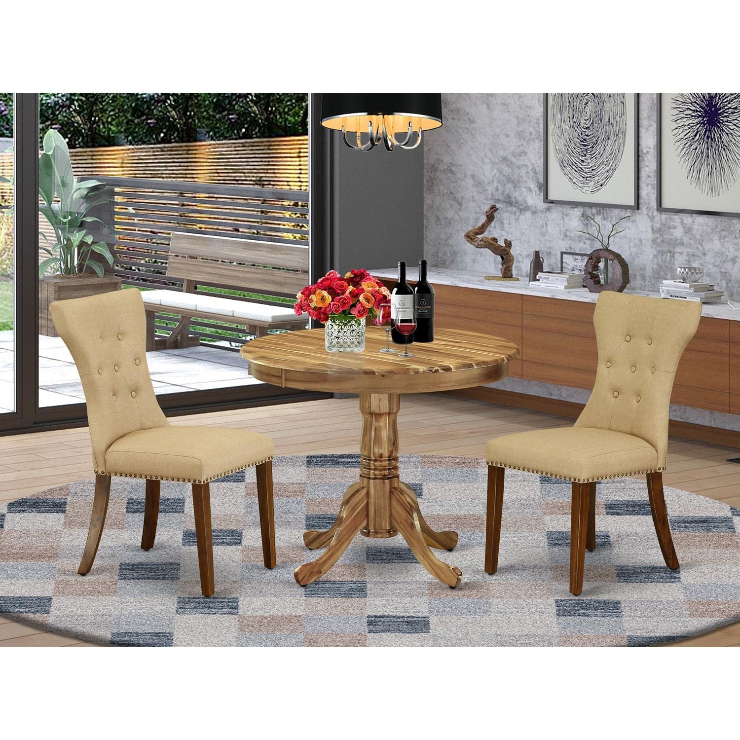 East West Furniture ANGA3-ANA-03 3-Piece Round Dining Table Set with Pedestal Base & 2 Brown Linen Parsons Chairs - 36x36 Inch, Natural Finish - Perfect for Small Spaces, Apartments, Breakfast Nooks & Cozy Kitchens