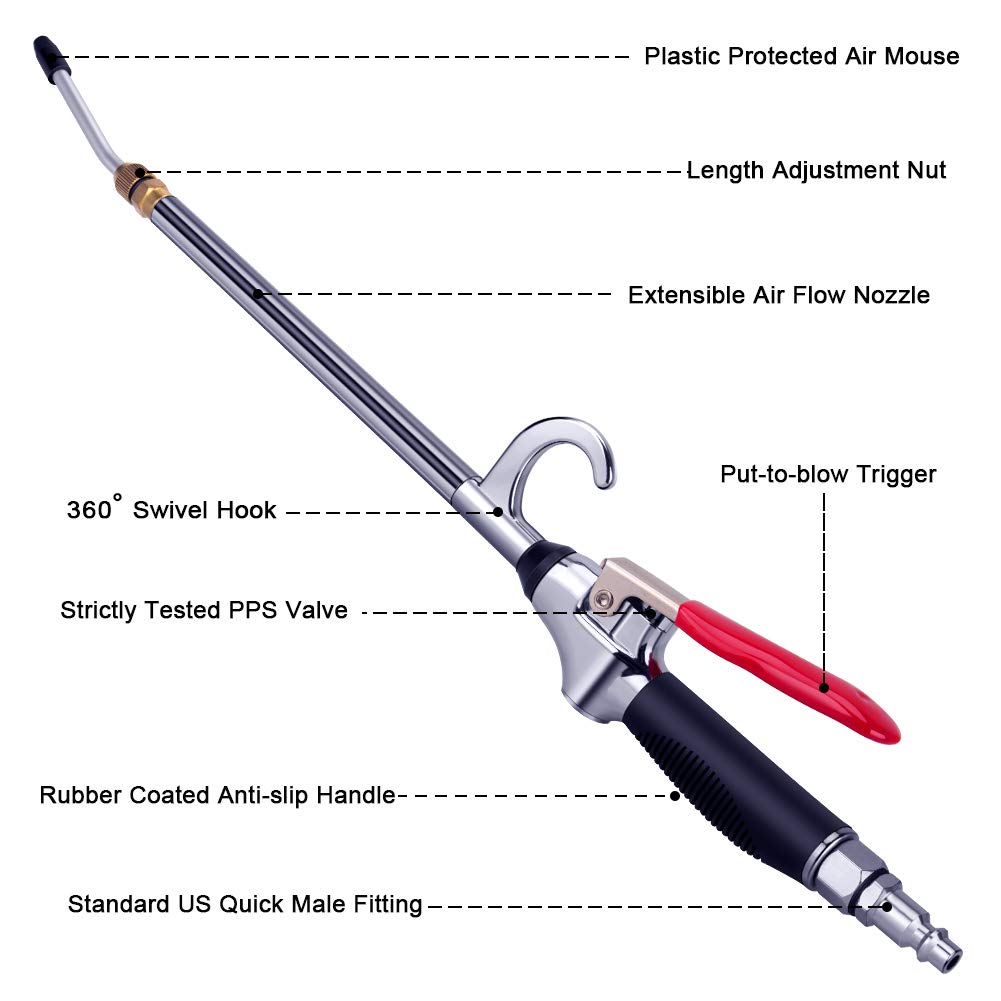 High Volume Powerful Air Blow Gun with Extendable Nozzle - 26 Inch Pneumatic Air Compressor Accessory - Anti-Slip Rubber Coated Metal Handle - Ideal for Dust Removal, Workshop Cleaning & Automotive Detailing