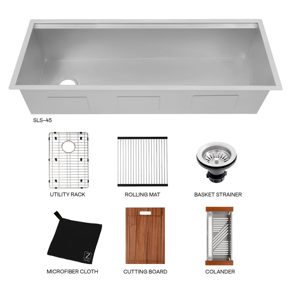 ZLINE 45 Inch Undermount Single Bowl Stainless Steel Kitchen Sink - Satin Finish with Bottom Grid & Accessories (Model SLS 45S) | Perfect for Modern Kitchens, Renovations & Heavy-Duty Cooking