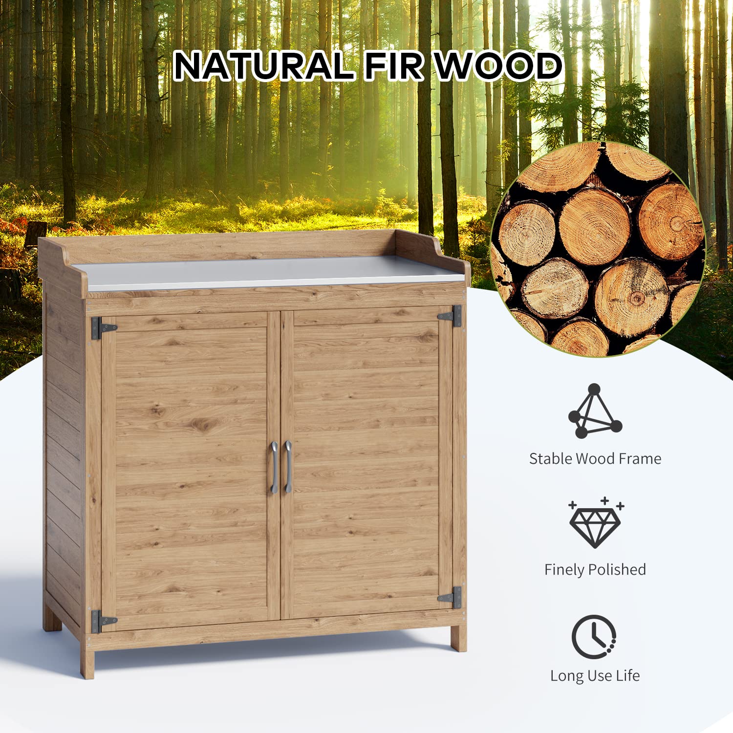 Gizoon Outdoor Potting Bench with Metal Tabletop & Adjustable Shelf - Wooden Garden Storage Cabinet with Double Doors - Perfect for Backyard, Patio, Lawn Gardening & DIY Projects - Natural Finish
