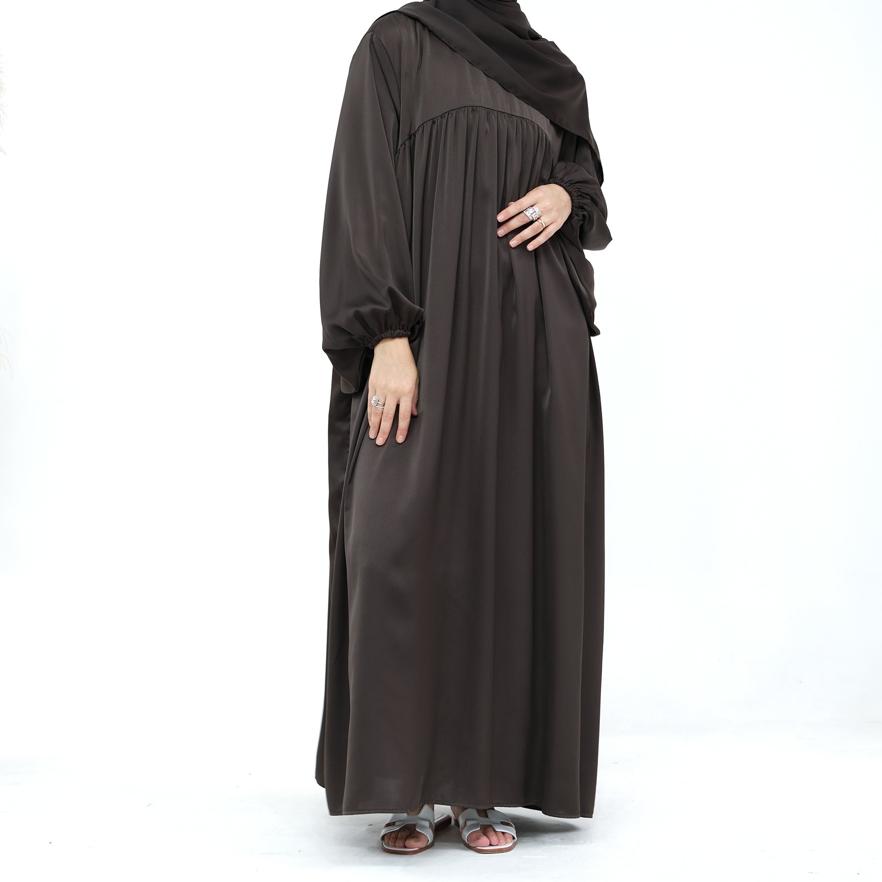 Amelia Satin Abaya Set for Women - Elegant Islamic Prayer Dress in Ash Grey | Perfect for Eid, Ramadan & Special Occasions