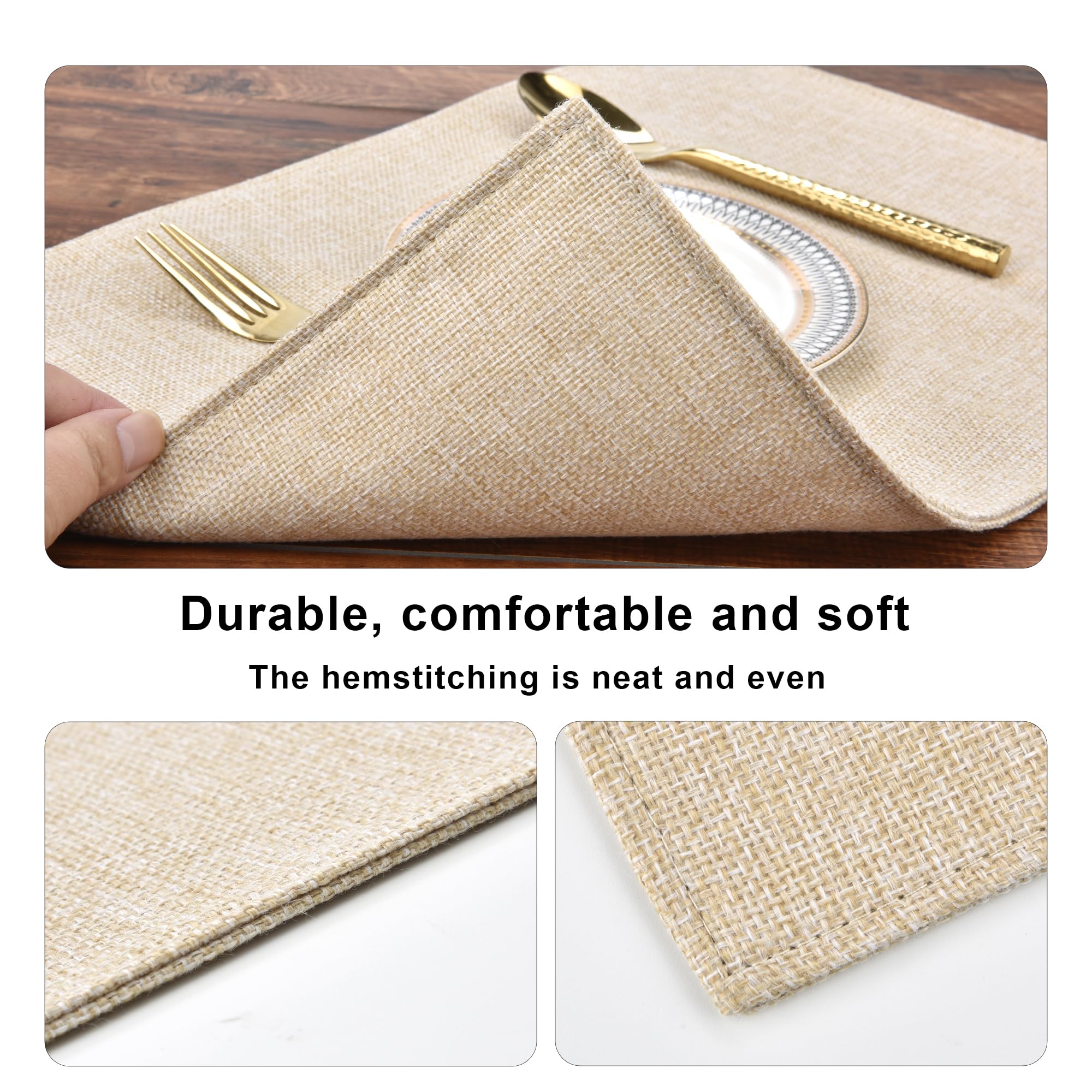 Premium Beige Linen-Style Placemats Set of 8 - Double Thickened, Machine Washable & Heat Resistant Table Mats - Non-Slip Fabric Place Settings for Dining Table, Kitchen, and Party Decor (Beige, 8-Pack)