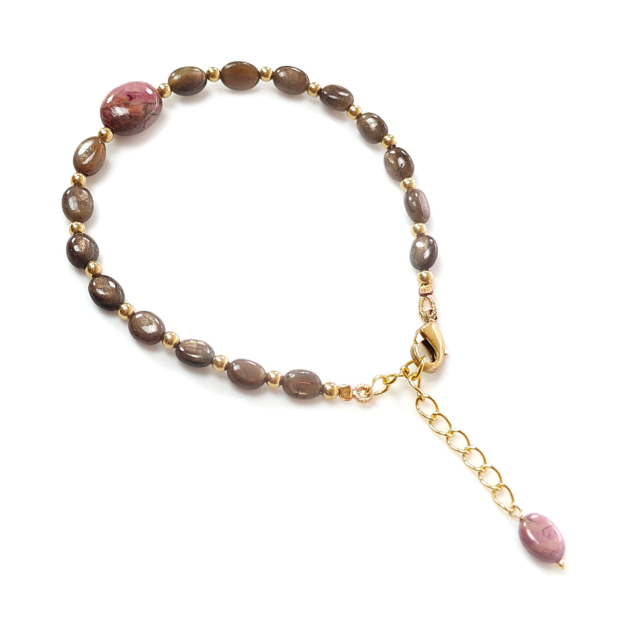 Natural Untreated Golden Brown Chocolate Sapphire Beads Bracelet with 44.40cts Ruby | 8*5mm & 12*10mm Oval Plain Brass Bracelet | Elegant Jewelry for Women, Gift for Her, Birthday, Anniversary, Party & Wedding Accessories