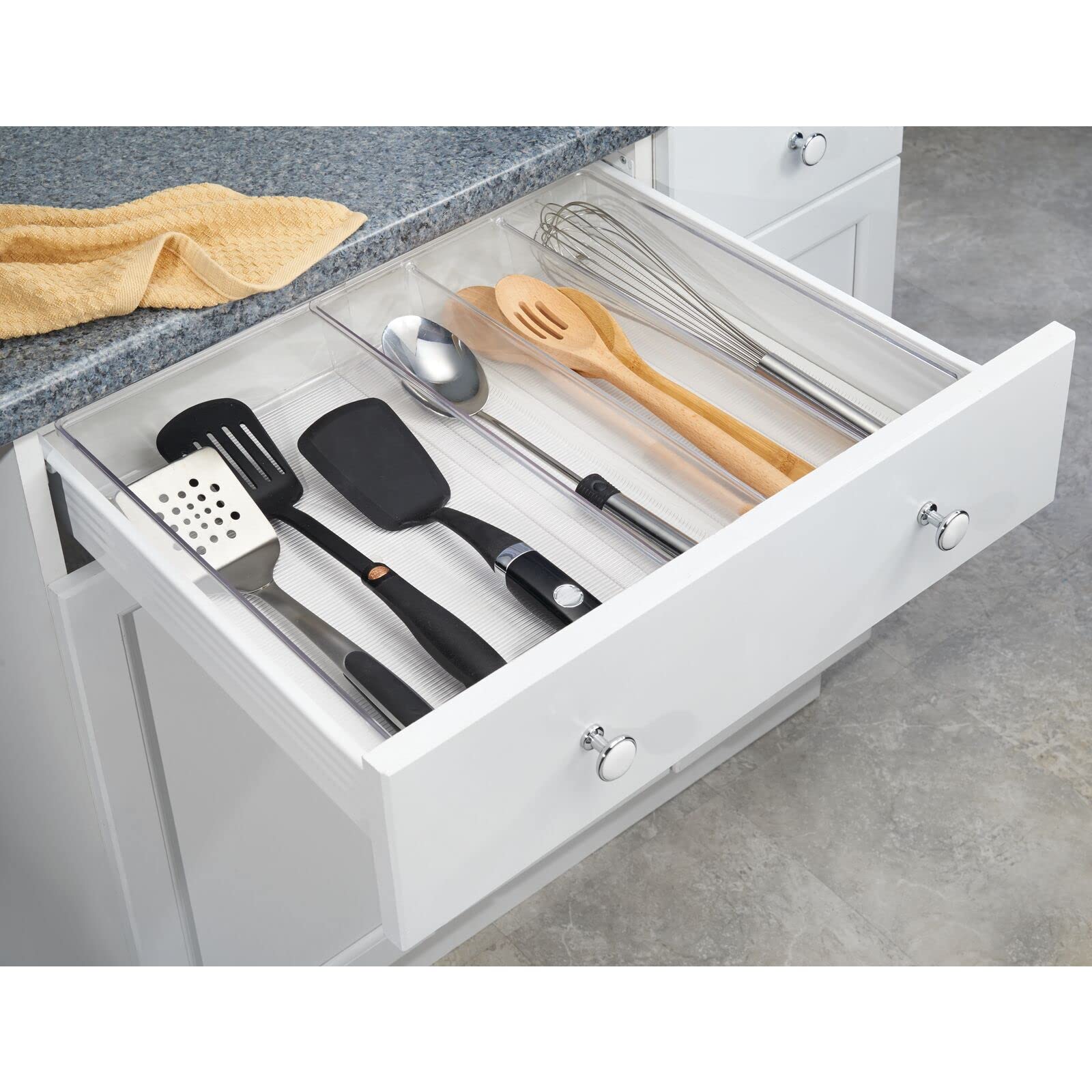 mDesign 4-Pack Clear Plastic Adjustable Expandable Drawer Organizer with 4 Compartments - Kitchen Pantry, Cabinet & Cupboard Storage for Silverware, Utensils, Cutlery - Perfect for Home Organization & Space Saving