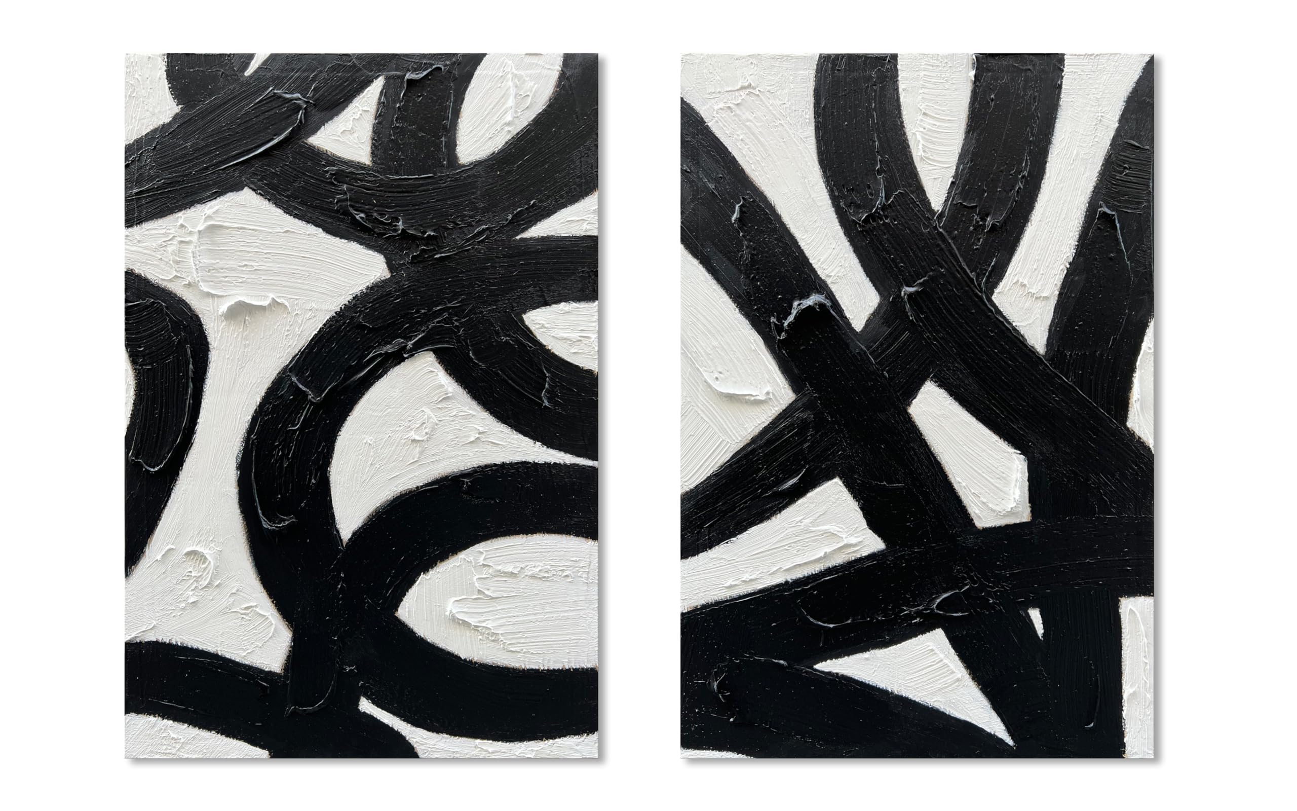 Modern Abstract Black & White Oil Painting - Minimalist Textured Wall Art Set (36x24 Inches, 2 Panels) - Perfect for Living Room, Bedroom & Office Decor