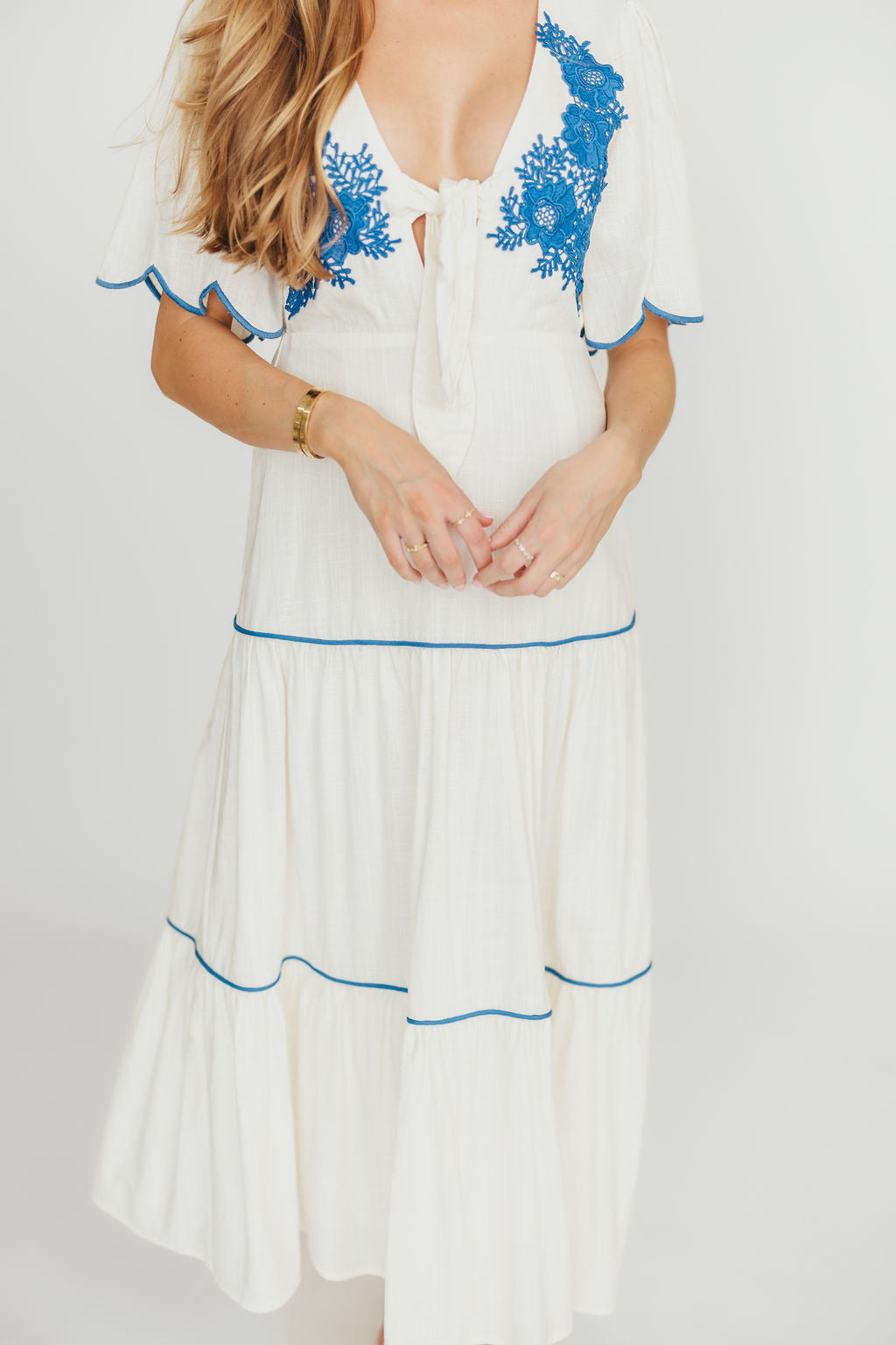 Lena Embroidered Tiered Midi Dress - Off White & Blue Floral Summer Dress for Women | Beach Wedding, Garden Party & Date Night Outfits