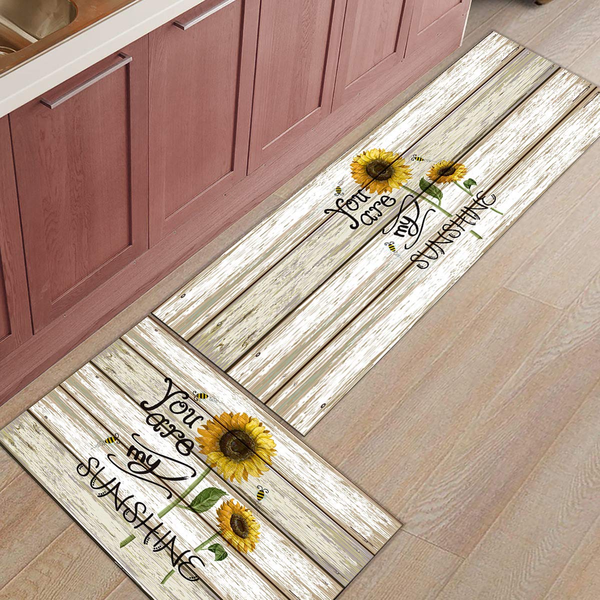 Anti-Fatigue Non-Slip Kitchen Floor Mats Set - 2-Pack Waterproof Cushioned Standing Mats with Sunflower Design | Perfect for Cooking, Dishwashing & Food Prep Areas