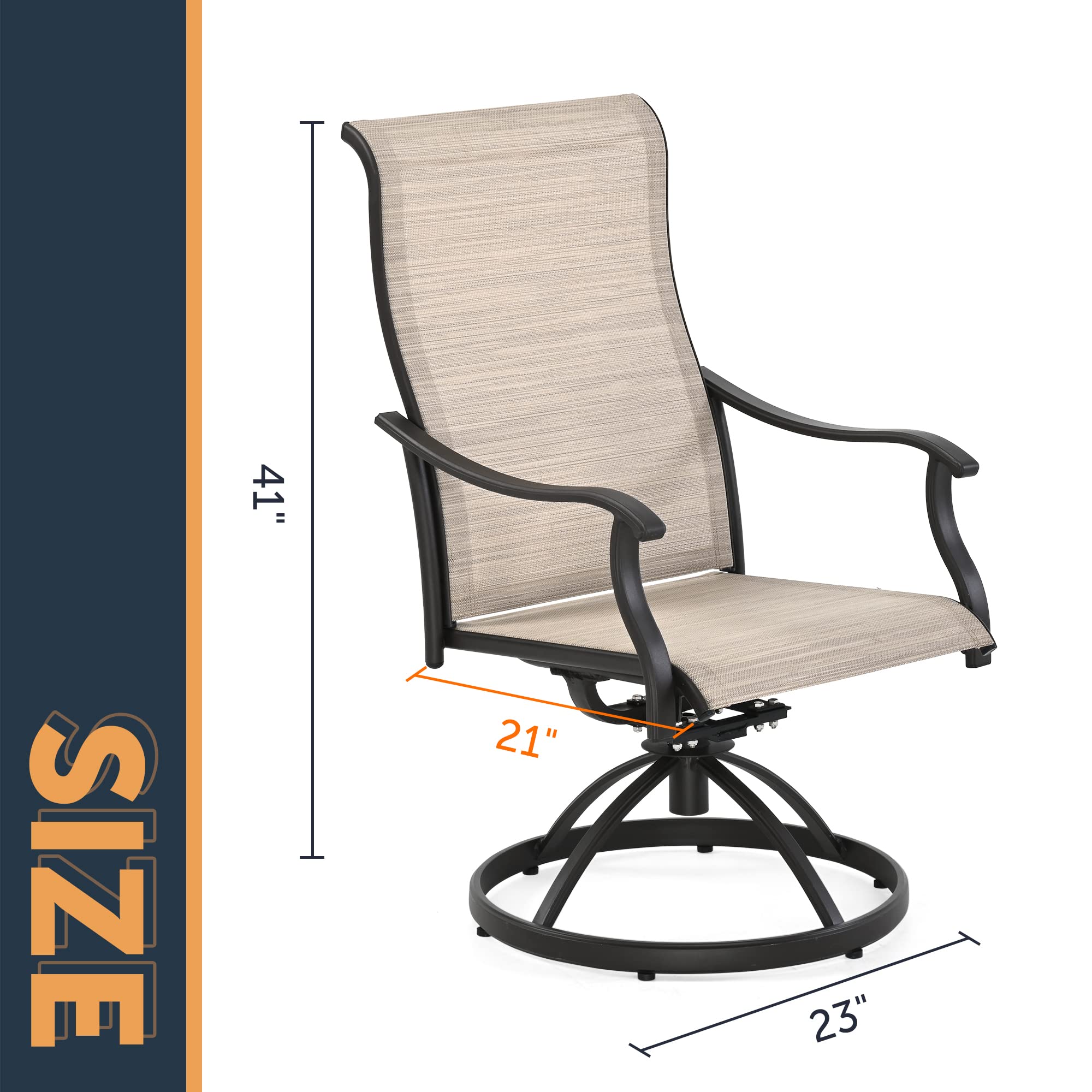 HAPPATIO Patio Dining Chairs Set of 2 - Outdoor Textilene Swivel Chairs with High Back & Armrests, Brown Frame (Khaki) - Perfect for Backyard, Garden, Poolside & Patio Relaxation