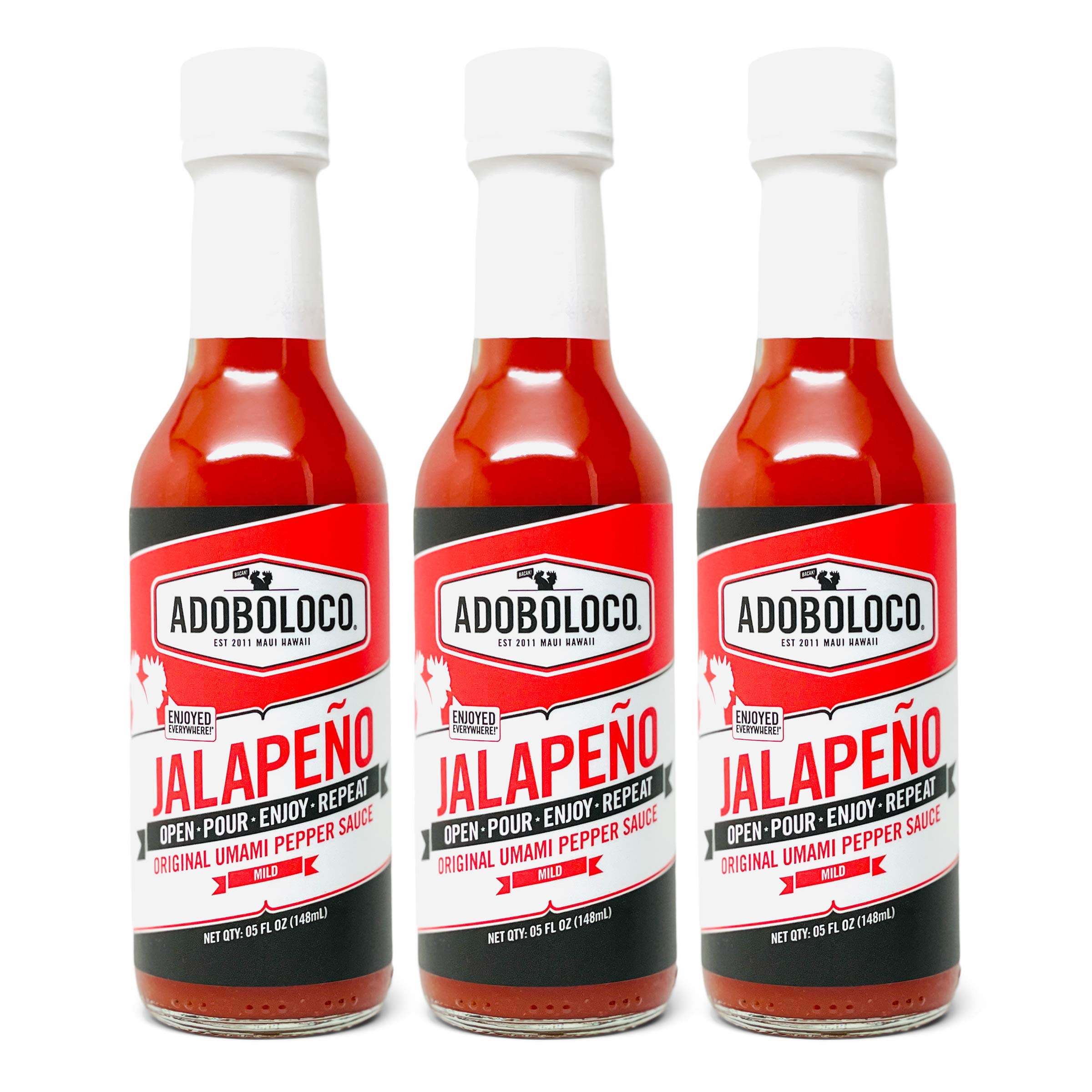Adoboloco Hawaiian Jalapeno Hot Sauce - Mild Red Umami Flavor (3-Pack, 5oz Bottles) | Fiery Chili Pepper Sauce for Cooking, Sauteing, Salad Dressing & Condiment | Perfect for Tacos, Wings & BBQ