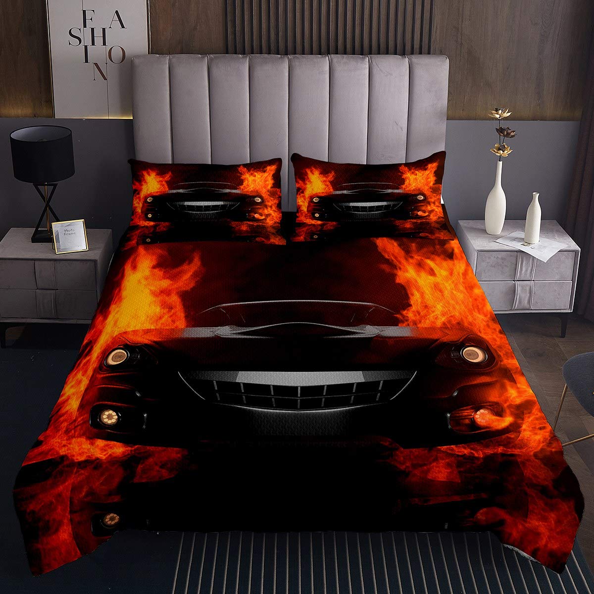 Race Car Quilt Set - Fire & Black Sports Car Bedspread for Kids, Boys & Teens - Cool Speed Racing Car Coverlet - Auto Style Twin Size Bed Cover (2Pcs) - Perfect for Kids' Room Decor & Racing-Themed Bedrooms