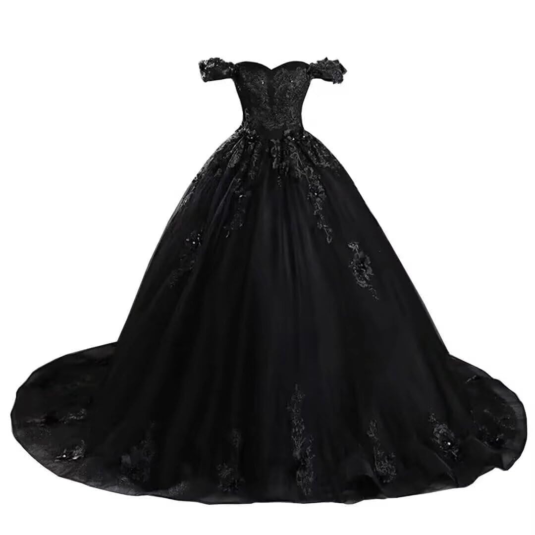 Elegant Gothic Lace Black Wedding Dress | Off-Shoulder Bridal Gown with Long Train & Tulle Skirt | Perfect for Gothic, Victorian, or Alternative Weddings