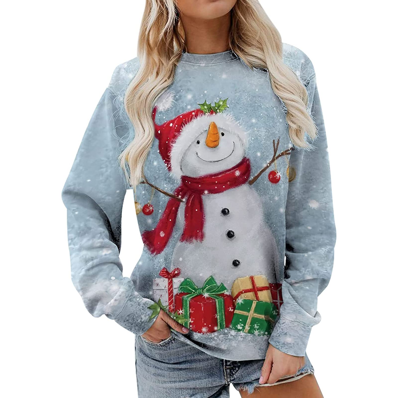 Women's Christmas Sweatshirt - Cute Snowman Graphic Crewneck Pullover, Long Sleeve Winter Sweater for Holiday Parties & Casual Wear | Perfect for Family Gatherings, Office Celebrations & Festive Outfits