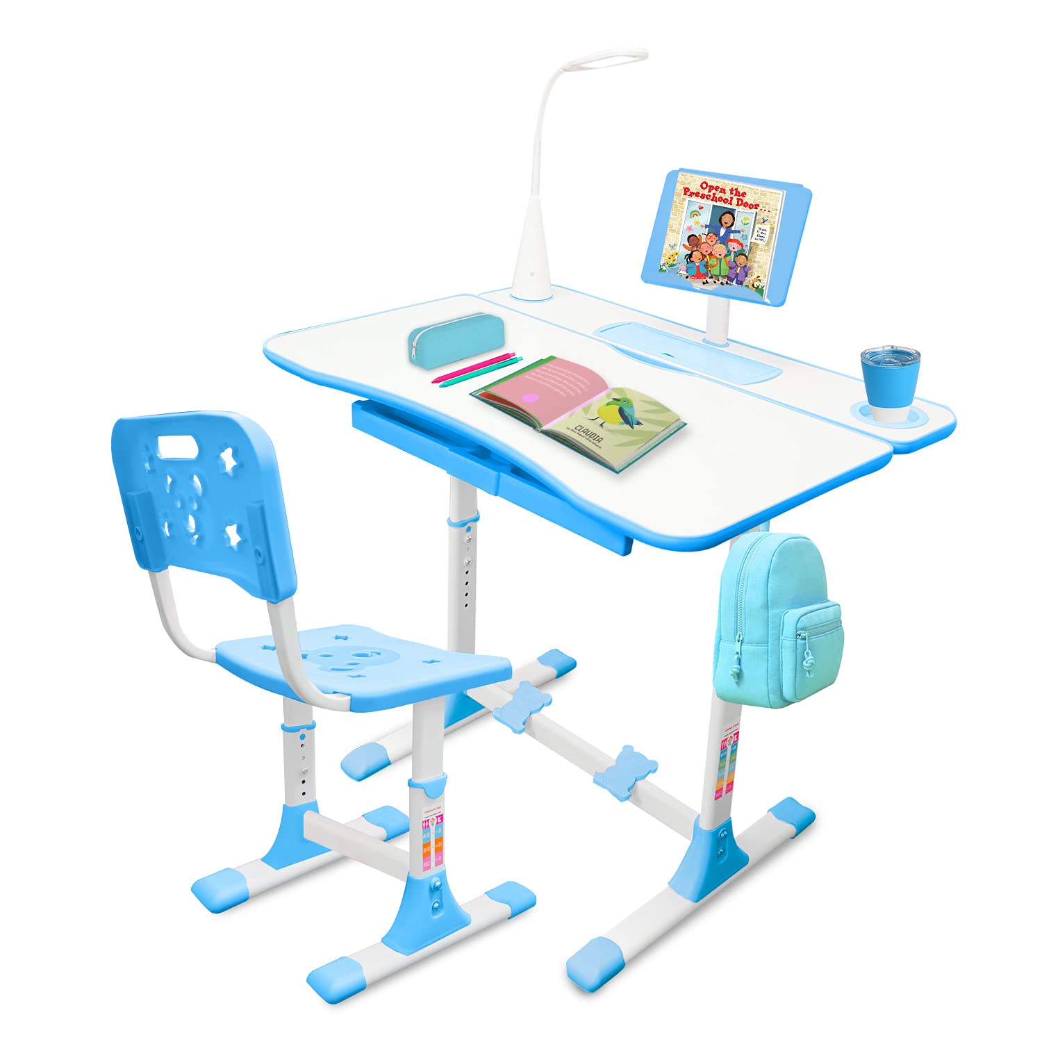 **Gorilla Gadgets Adjustable Kids Desk and Chair Set for Ages 4-12, Ergonomic Study Table with LED Lamp, Pencil Holder & Bookstand – Perfect for Homework, Online Learning & Creative Play**