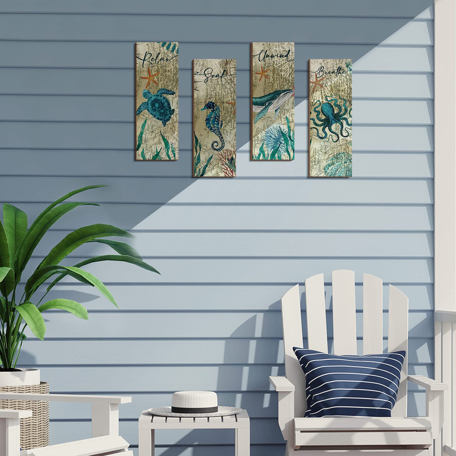 4-Piece Coastal Wall Art Set - Sea Turtle & Octopus Wooden Signs for Beach Bathroom Decor, Nautical Bedroom Pictures, Teal Kitchen Accessories | Perfect for Coastal, Ocean & Nautical Home Decor Themes