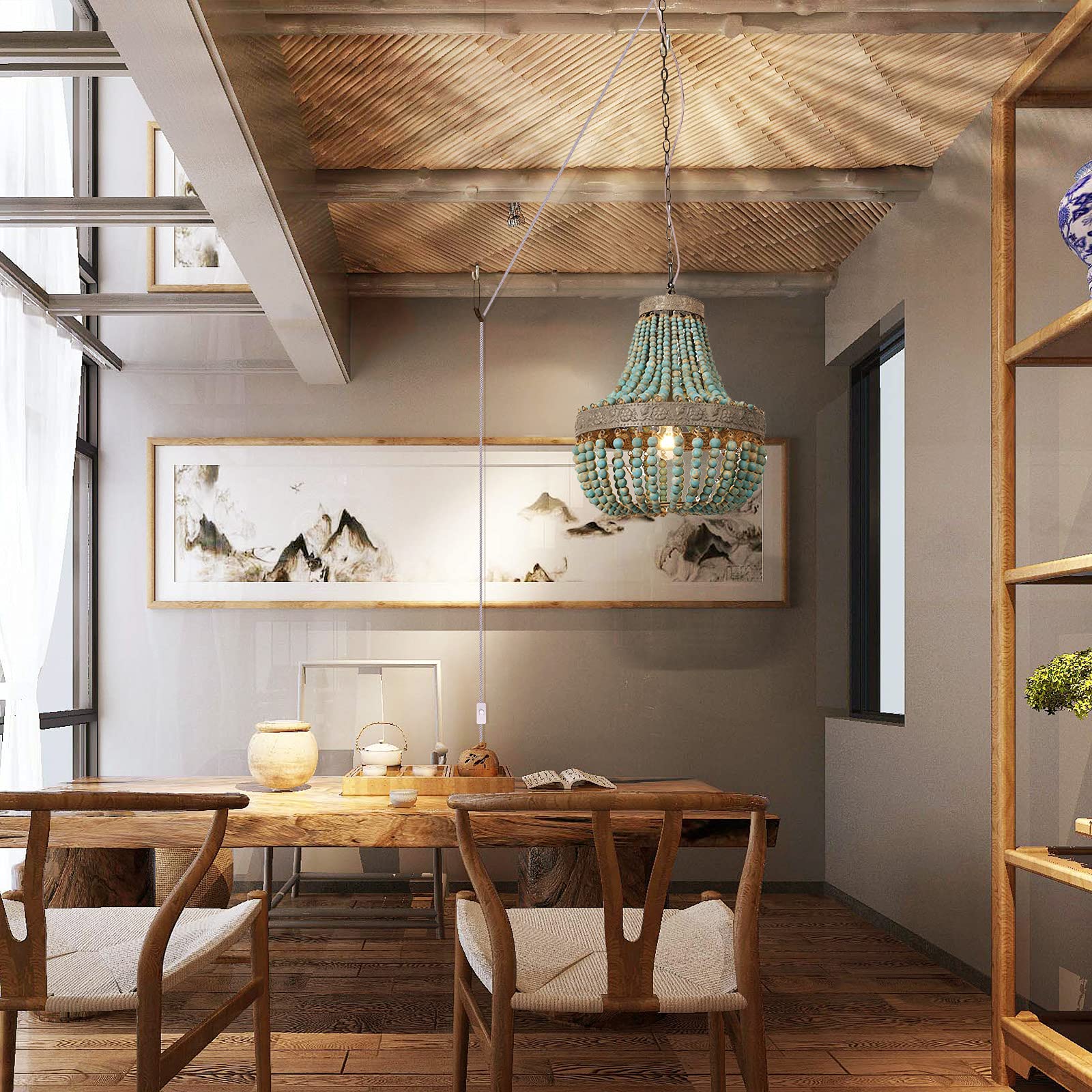 Bohemian Blue Wood Bead Chandelier Pendant Light - Handcrafted Wooden Bead Ceiling Lamp with Plug-in Cord for Bedroom, Island, Dining Room - Perfect for Coastal, Beach House & Boho Home Decor