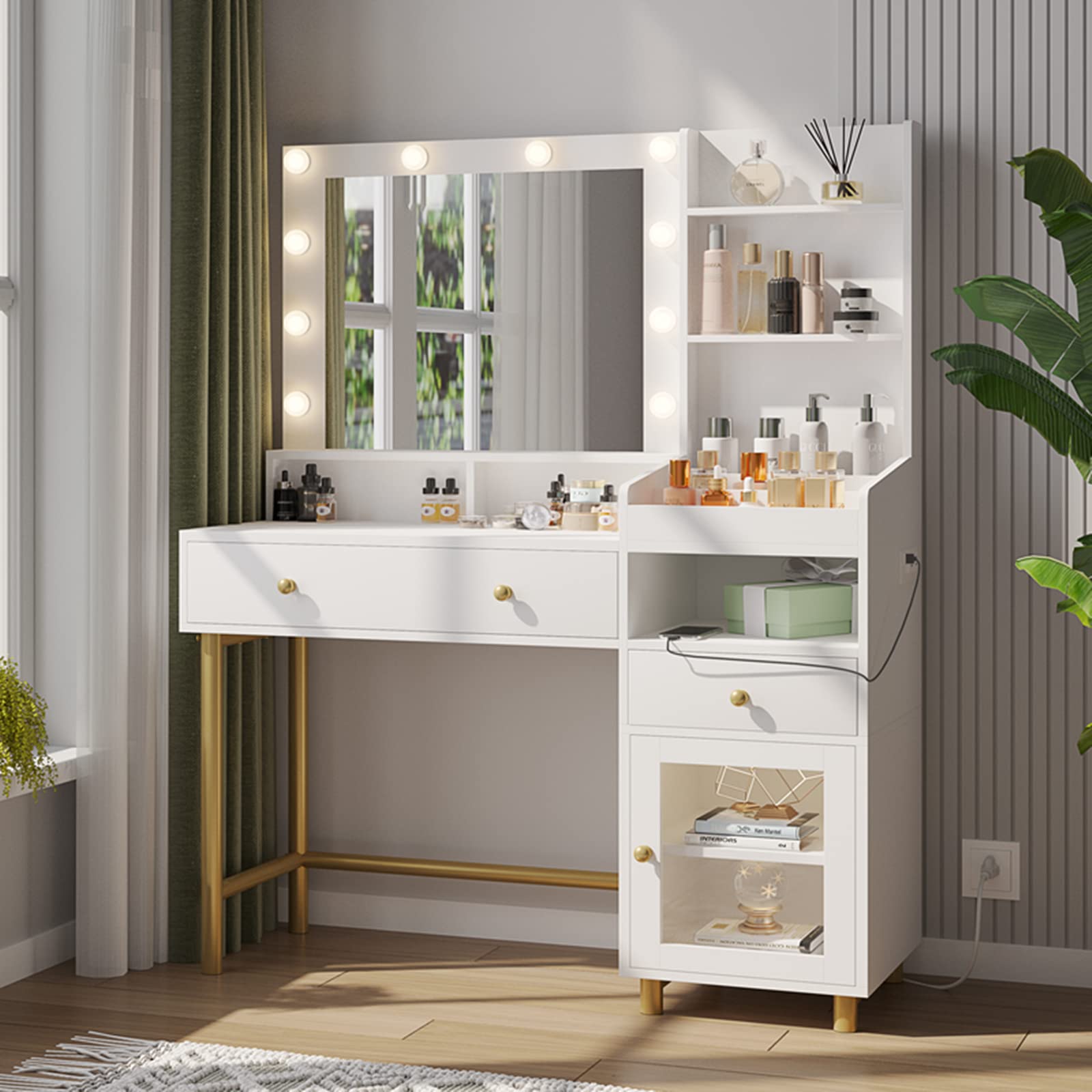 AOGLLATI Modern Vanity Desk with LED Lights, Mirror & Drawers - White Makeup Table with Charging Station & Unique Storage Design | Perfect for Bedroom, Dressing Room & Beauty Salon (3 Color Options)