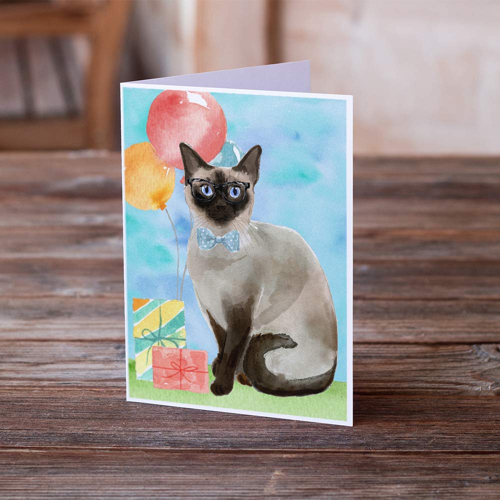 Siamese Cat Happy Birthday Greeting Cards - Pack of 8 Blank A7 Note Cards (5x7 inches) with Envelopes - Whimsical Feline Themed Stationery for Birthday Wishes, Thank You Notes & Special Occasions