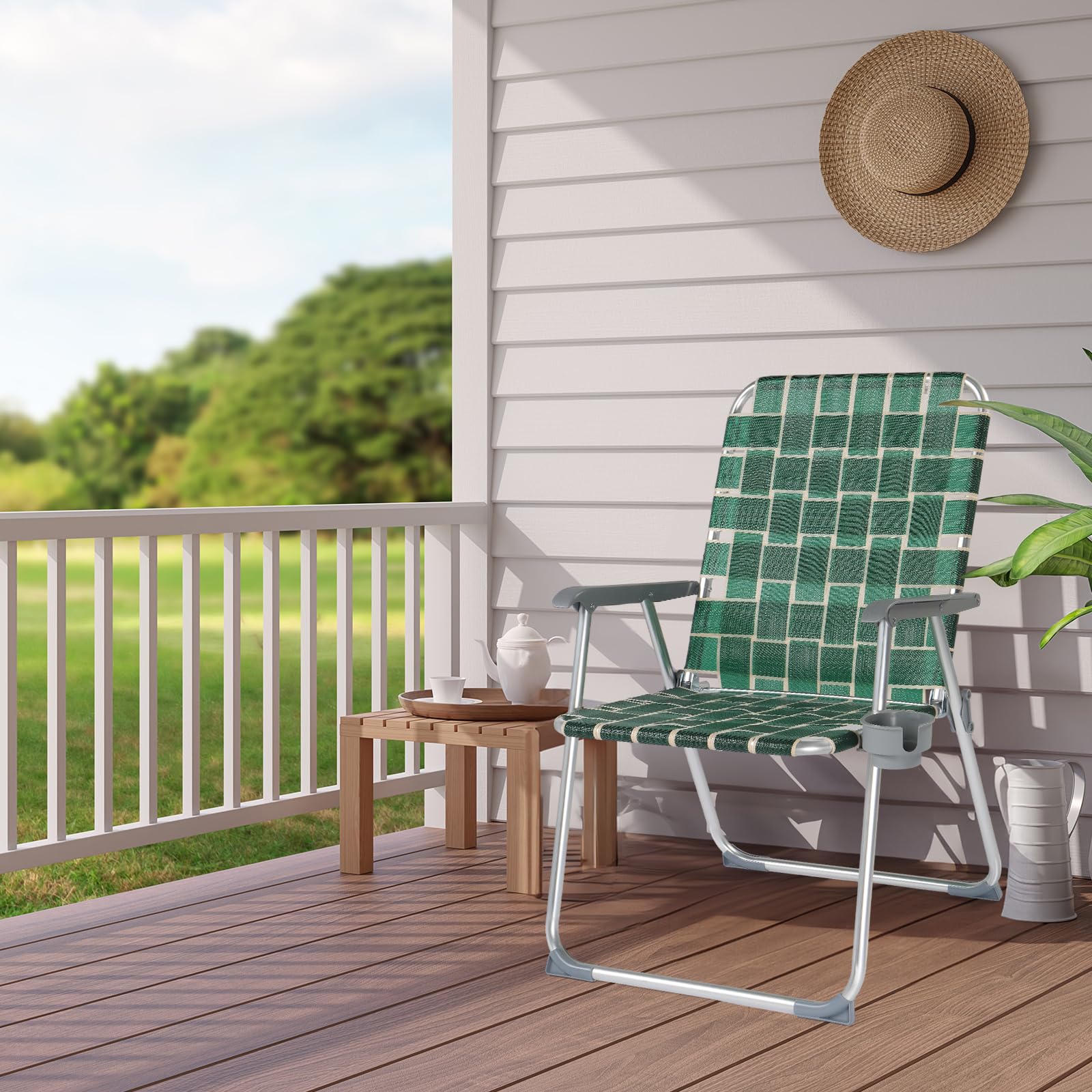 VINGLI Heavy Duty Folding Lawn Chairs 2 Pack - 300 LBS Capacity Oversized Webbed Beach Chairs with Detachable Cup Holder, Portable Aluminum Patio Chairs for Yard, Garden, Camping & Outdoor Relaxation - Dark Green
