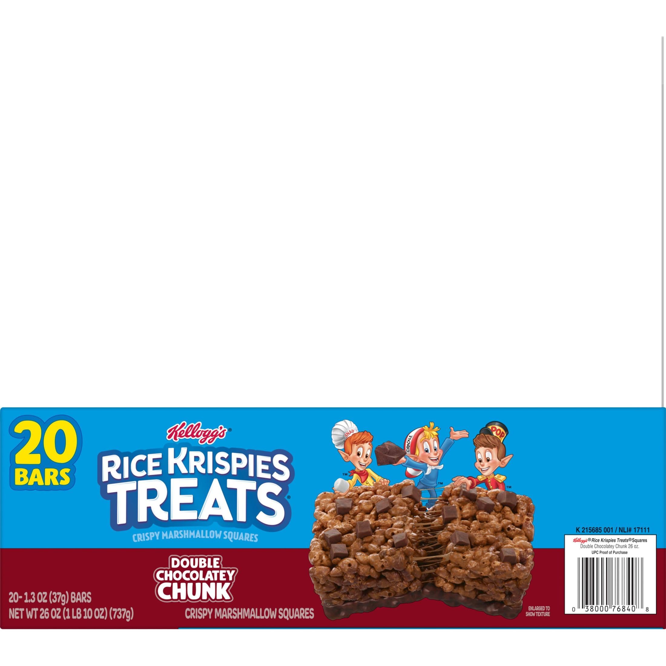 Double Chocolate Chunk Rice Krispies Treats Marshmallow Snack Bars - 26oz Box (20 Bars) | Kids Snacks, School Lunch, After School Treats, Birthday Party Favors & Office Snacks