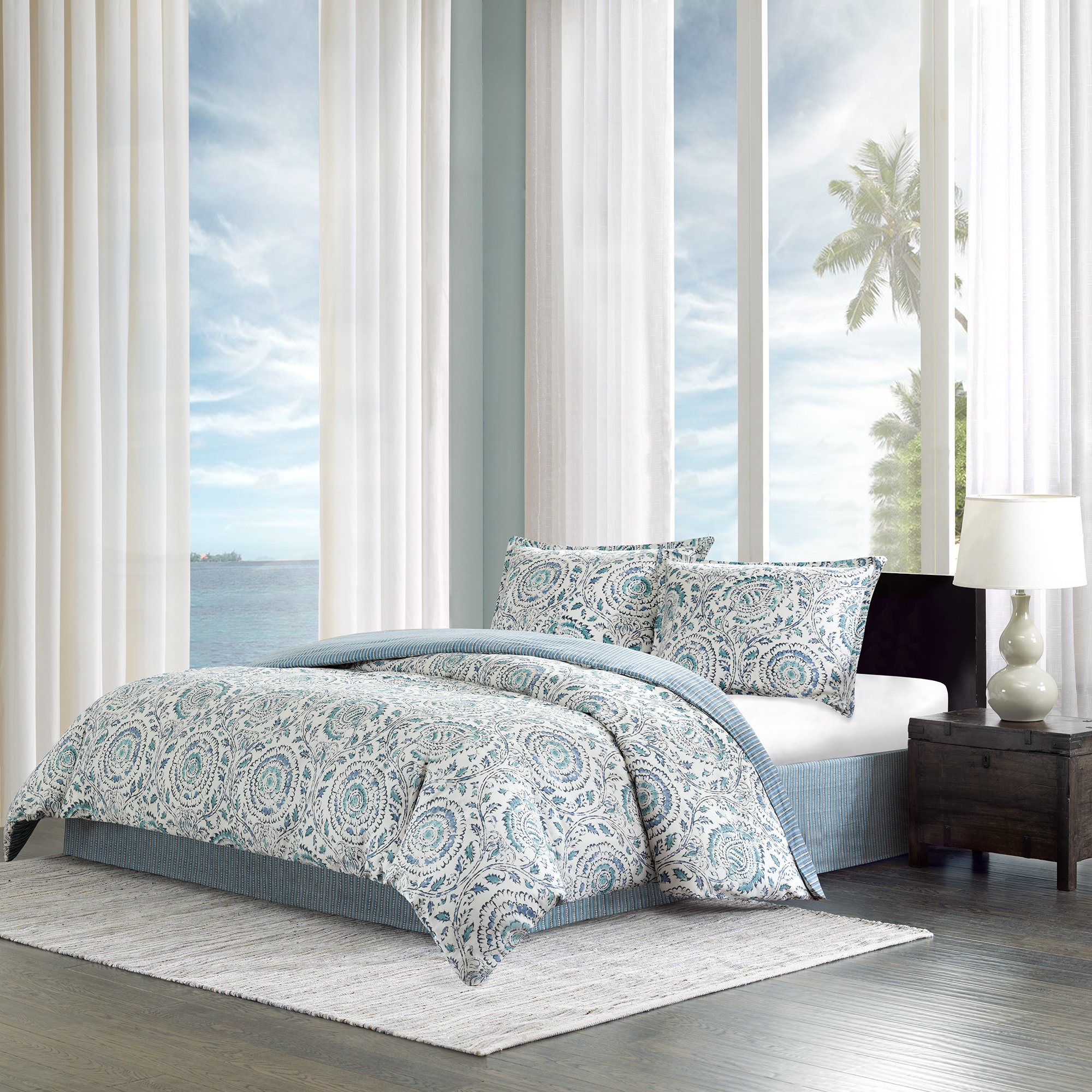 Echo Design Kamala Twin Size Bed Comforter Set - Blue & White Floral Medallion Pattern, 3-Piece Cotton Sateen Bedding Set for Cozy Bedroom Decor (EO10-1399) | Perfect for Guest Rooms, Dormitories & Kids' Bedrooms