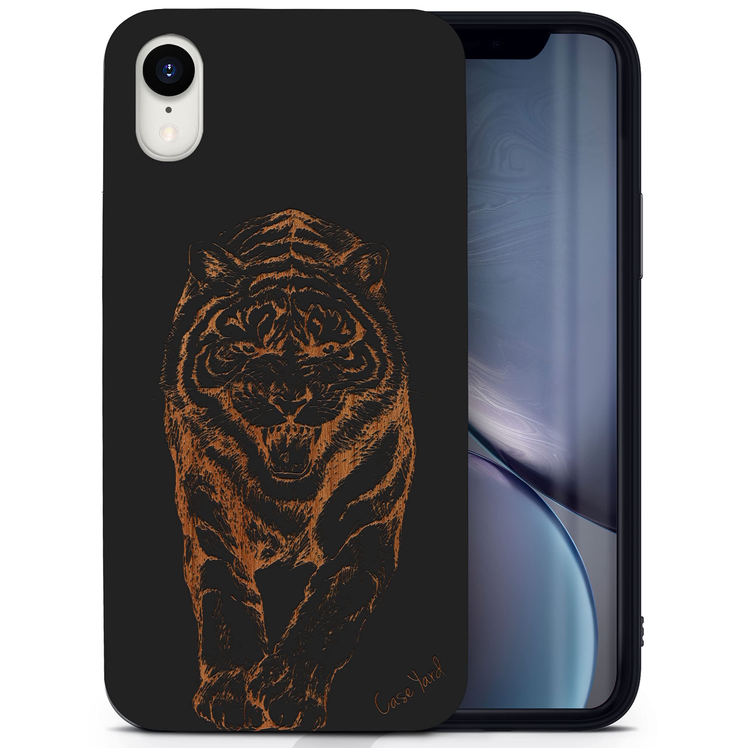 Wooden iPhone XR Case - Laser Engraved Tiger Walk Design, Black Wood Protective Cover | Slim Fit, Shockproof Phone Case for Men & Women | Perfect for Outdoor Adventures & Daily Protection