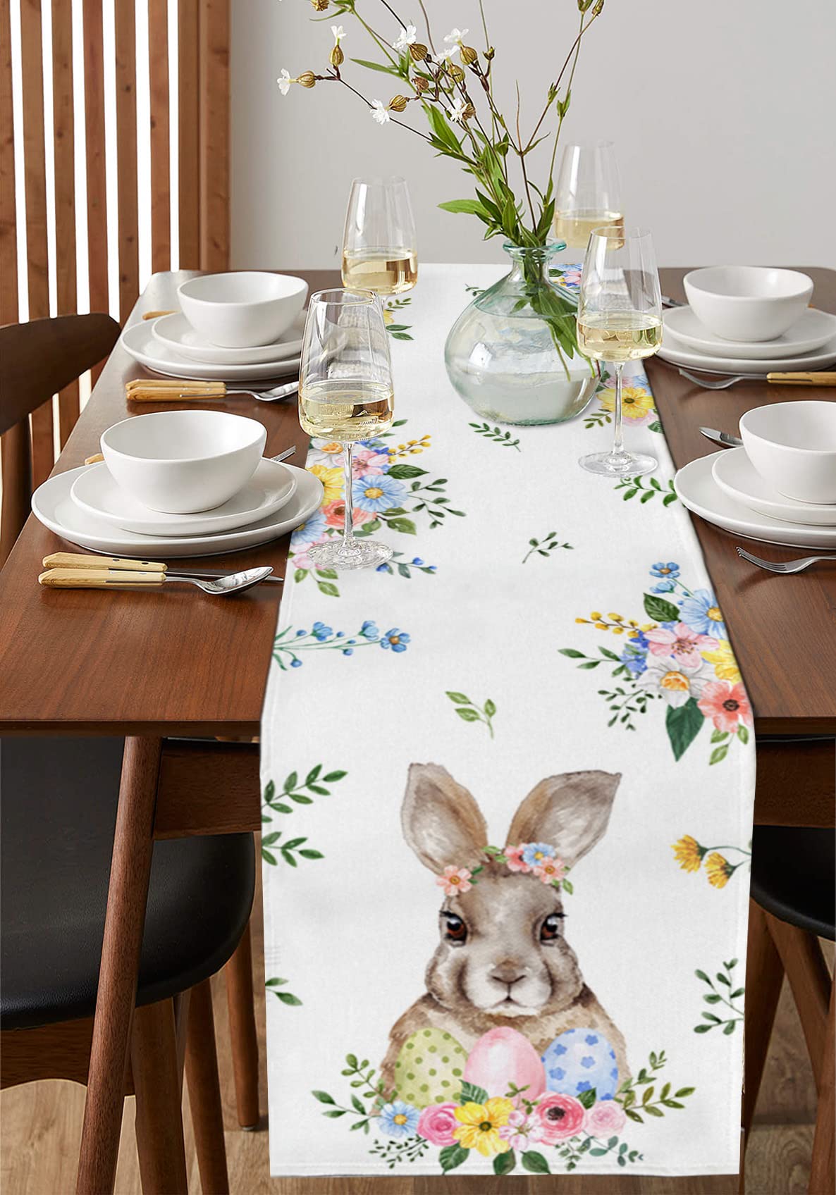 Easter Bunny Cotton Linen Table Runner - 16x72 Inch Spring Floral Easter Egg Table Decor for Family Dinners, Banquets, Parties & Celebrations | Perfect for Easter, Spring Gatherings & Holiday Dining Decorations