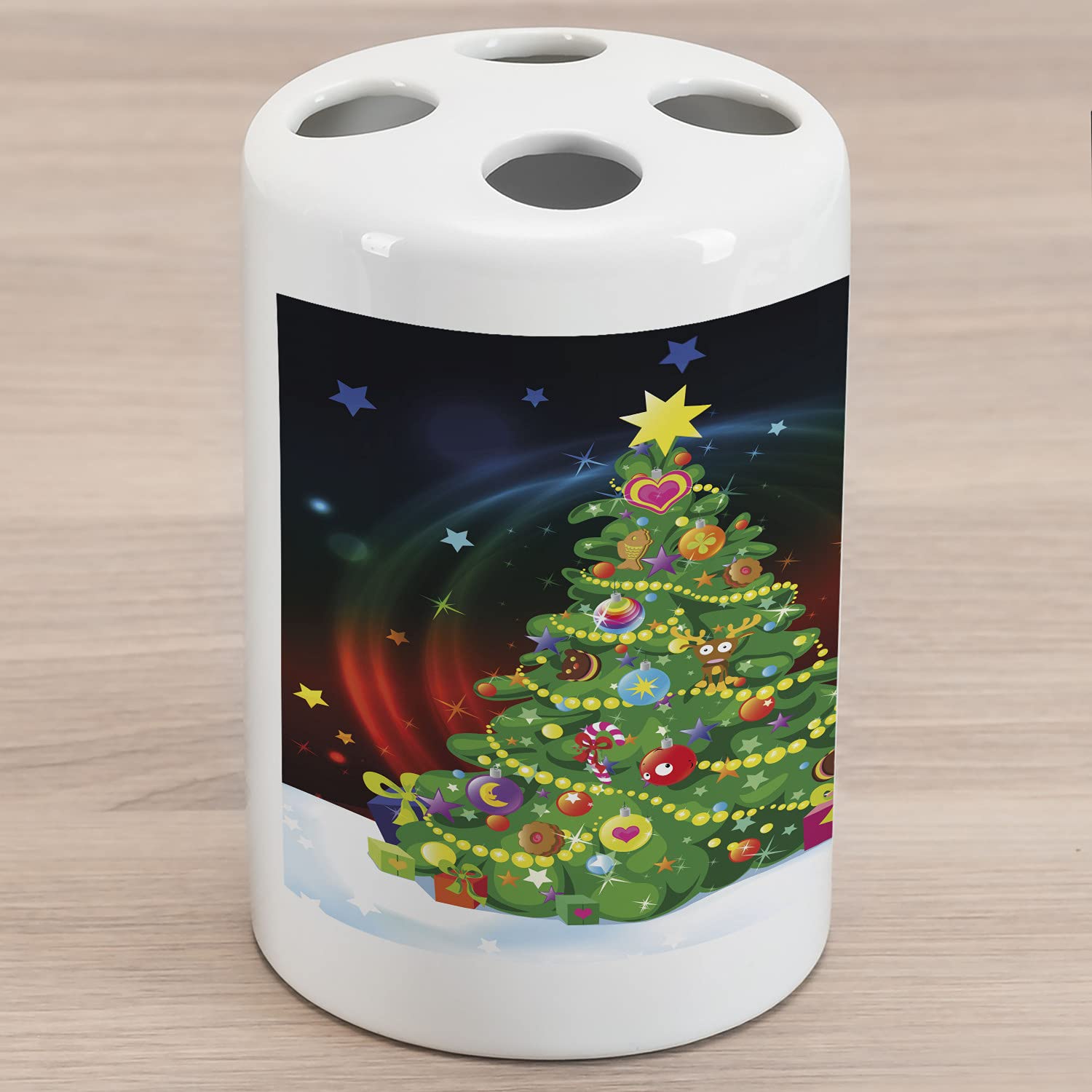 Ambesonne Christmas Ceramic Toothbrush Holder - Colorful Xmas Tree Design with Stars & Gifts, Funny Cartoon Holiday Decor for Bathroom Countertop, 4.5