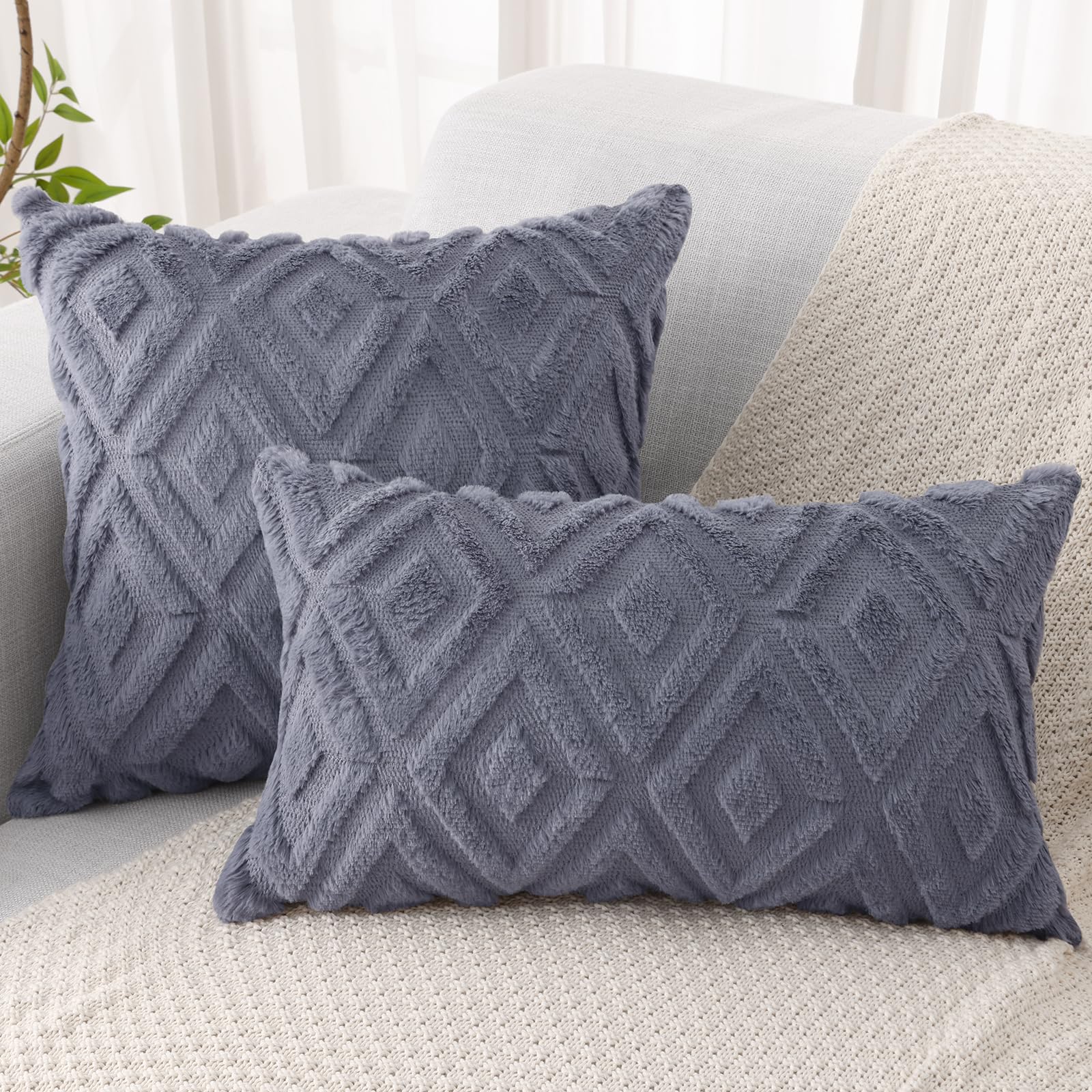 Pallene Soft Faux Fur Throw Pillow Covers 26x26 Set of 2 - Plush Wool Decorative Couch Pillow Covers for Sofa, Bed, Living Room - 3D Diamond Pattern Blue Grey - Perfect for Home Decor, Cozy Winter Nights & Modern Interior Design