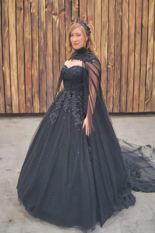 Elegant A-Line Crystals Tulle Sweetheart Long Black Wedding Dress TD0005 - Perfect for Bridal, Evening Gala, and Formal Occasions
