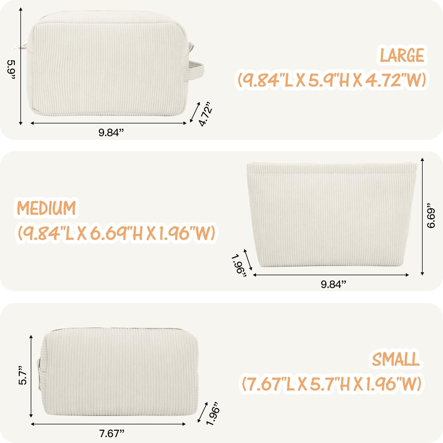 3-Piece Corduroy Makeup Bag Set for Women - Travel Cosmetic Organizer, Toiletry Pouch & Brush Storage - Essential Beauty Accessories for On-the-Go (Beige) | Perfect for Vacation, Gym & Daily Use