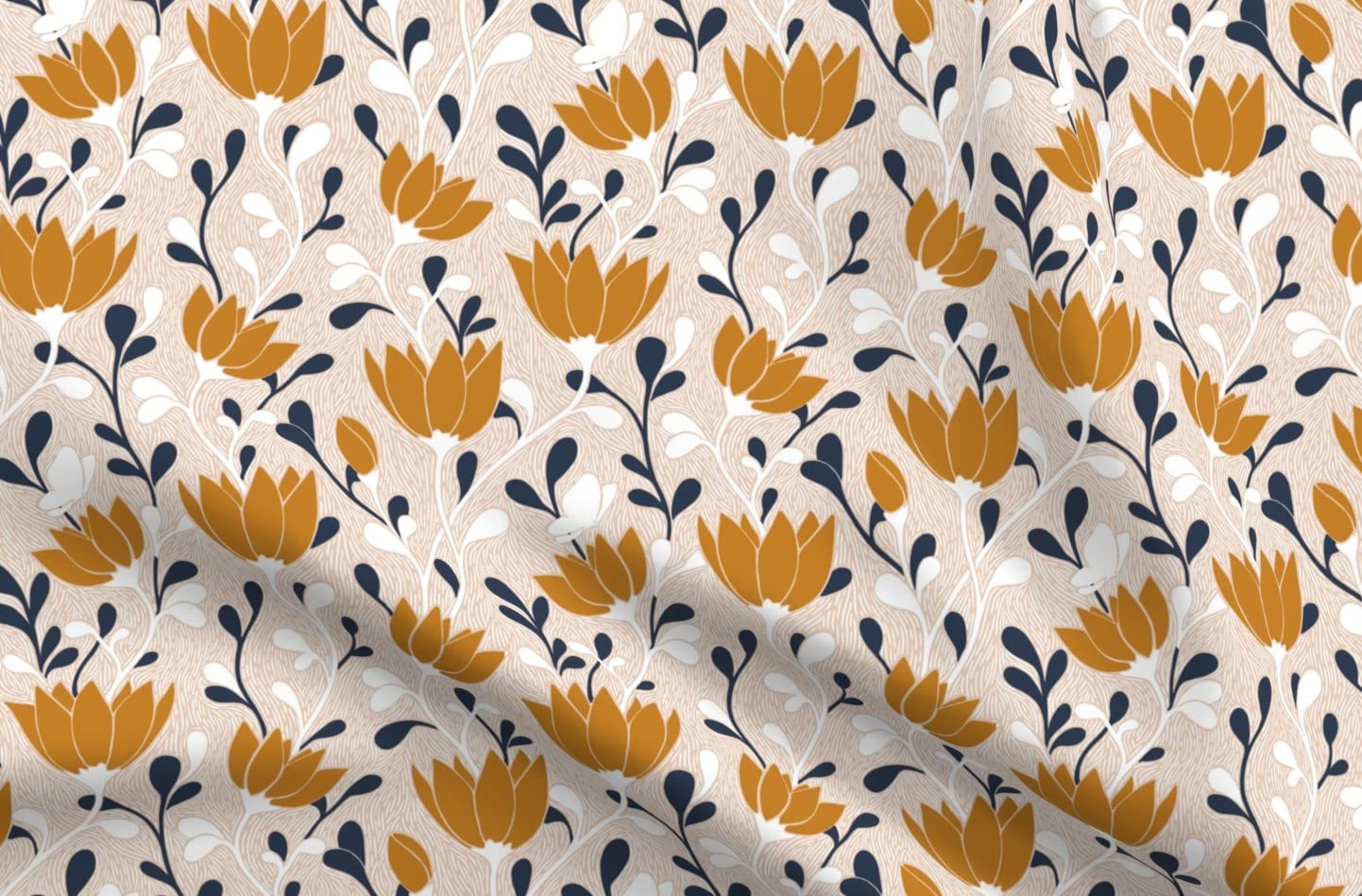 Premium Organic Cotton Sateen Fabric by The Yard - White Floral Navy Mid-Century Modern Print for Sewing, Quilting, Apparel & Home Decor | Perfect for DIY Projects, Curtains, Pillows & Upholstery