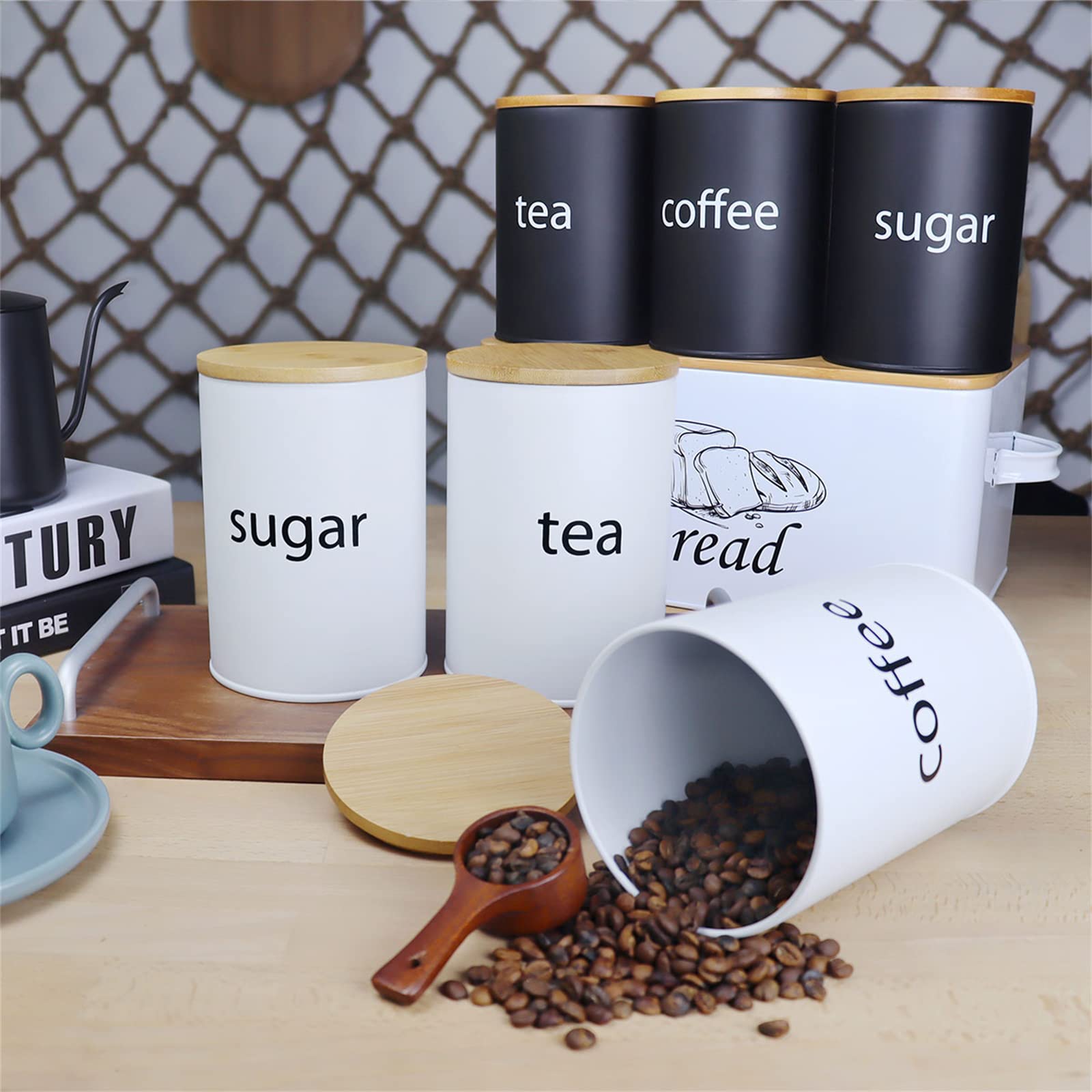 SOTECH 3-Piece White Metal Canister Set with Bamboo Lids - Airtight Sugar Coffee Tea Storage Jars for Kitchen Countertop - Farmhouse Country Kitchen Decor - Perfect for Pantry Organization & Coffee Bar Display