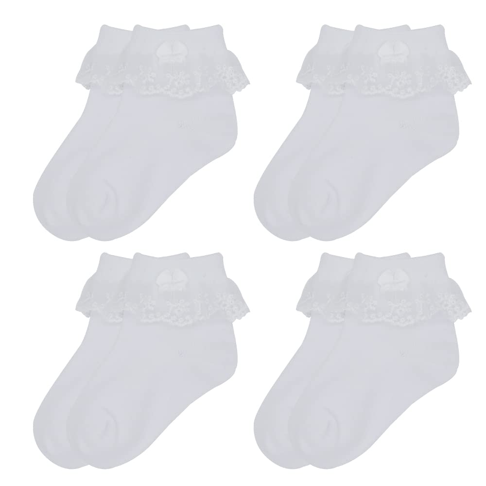 Girls Ruffle Ankle Socks - White Cotton School Socks with Lace Trim & Bows for Kids Ages 3-16 | Cute Everyday Wear for School, Parties & Special Occasions