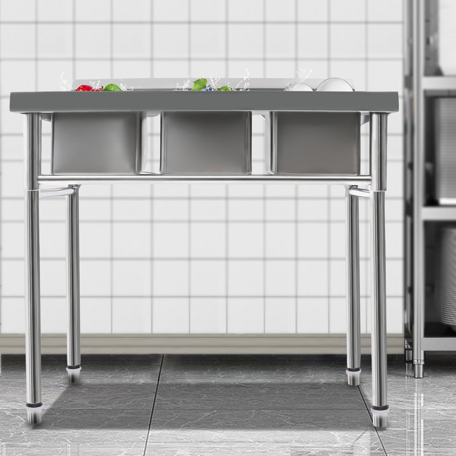 3 Compartment Commercial Stainless Steel Utility Sink - Heavy Duty Free Standing Kitchen Sink with 3 Drains, 39